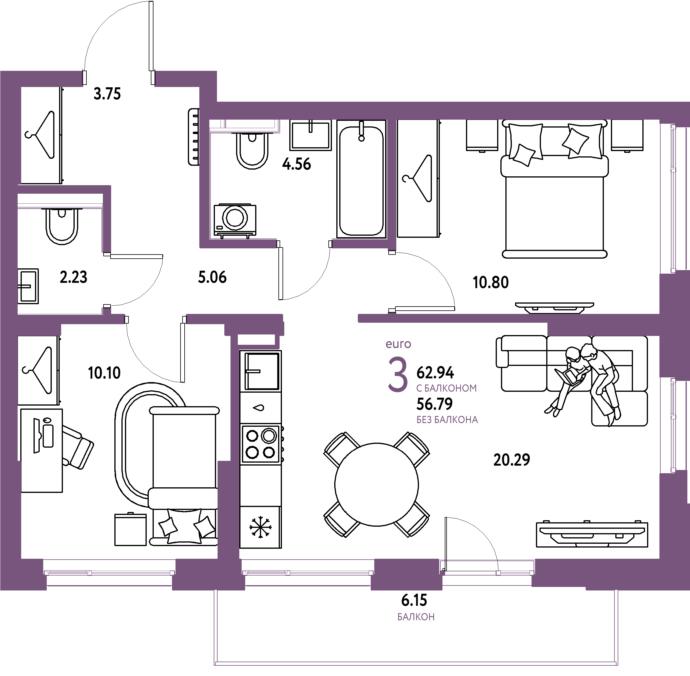 ЖК "Сибирский сад"-3-комнатная 62.94 м²