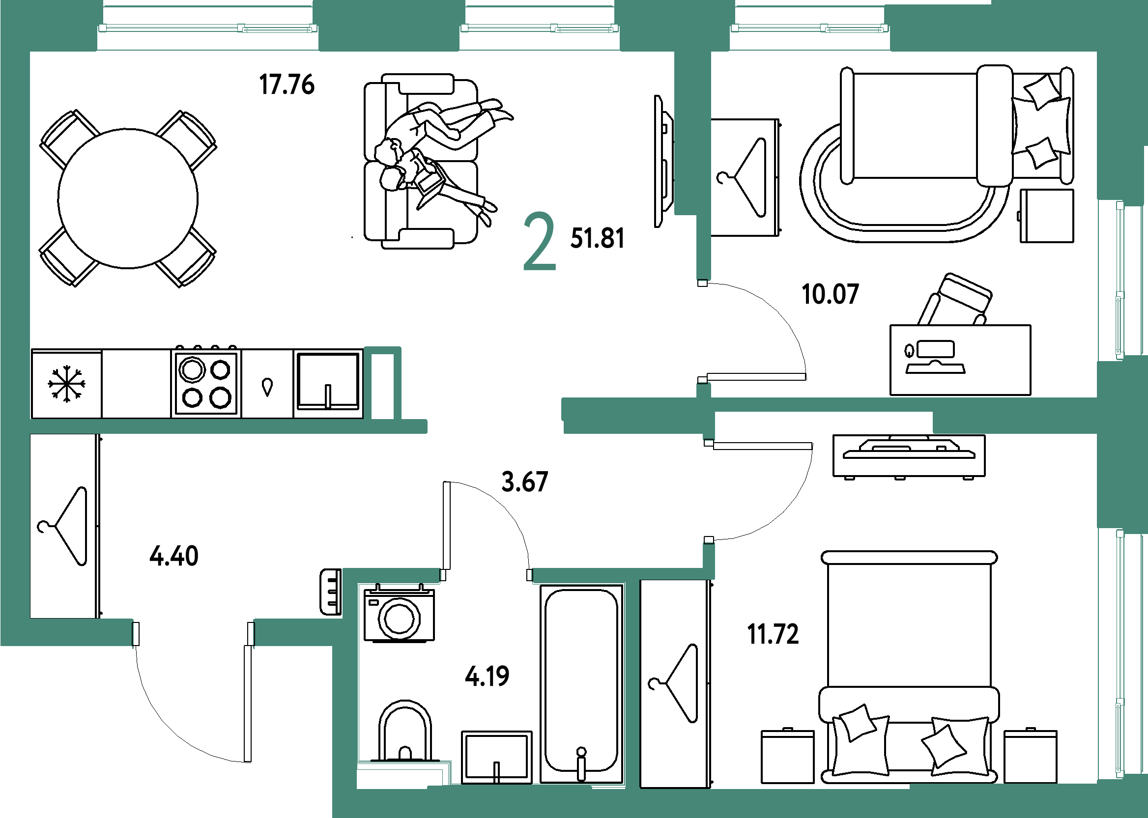 ЖК "Сибирский сад"-2-комнатная 51.81 м²