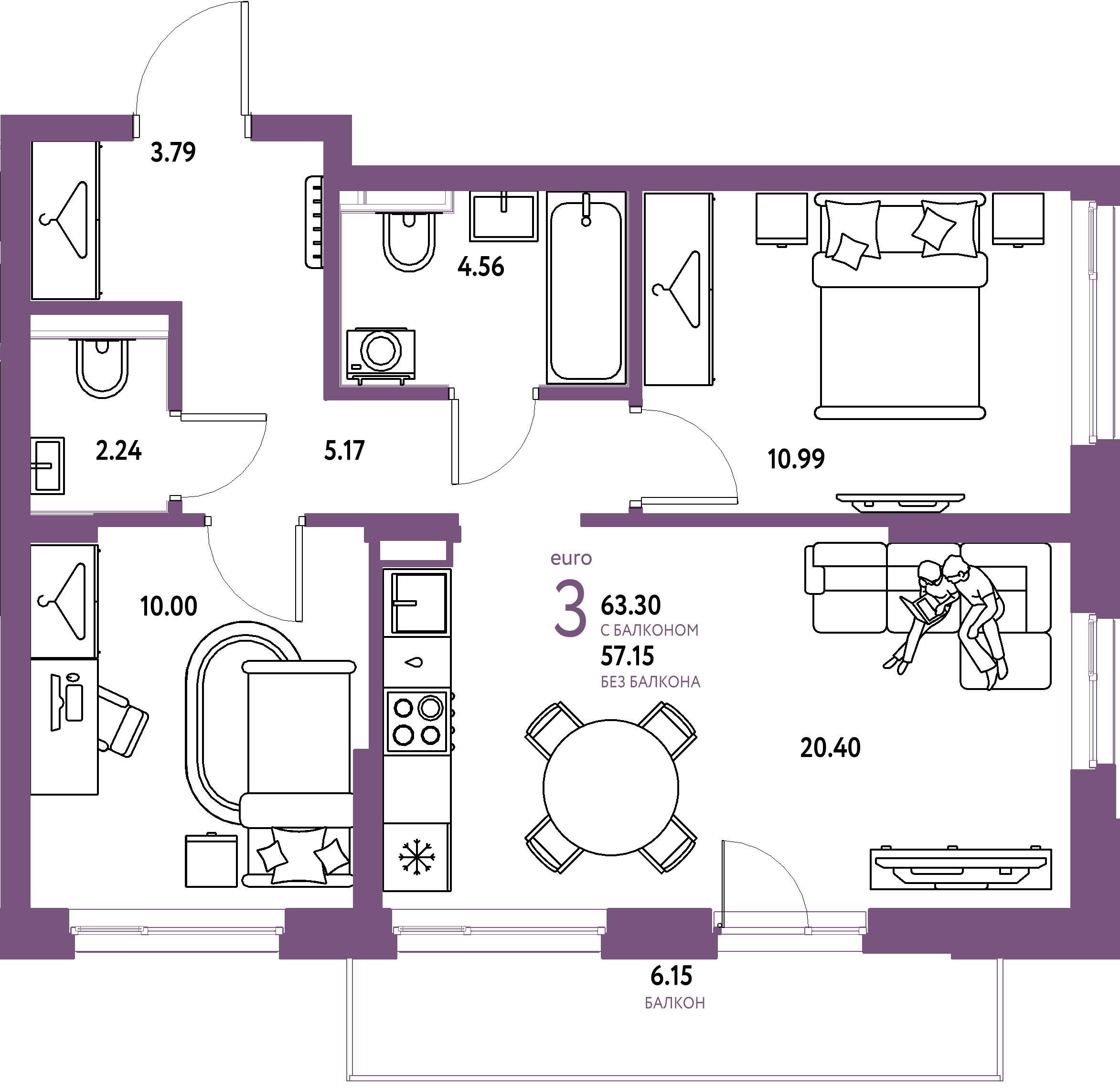 ЖК "Сибирский сад"-3-комнатная 63.3 м²