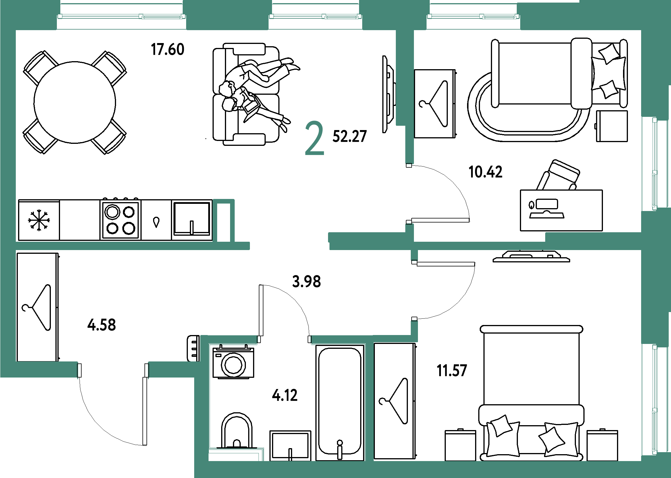 ЖК "Сибирский сад"-2-комнатная 52.27 м²