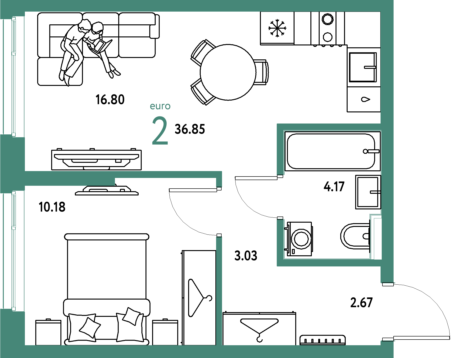 ЖК "Сибирский сад"-2-комнатная 36.85 м²