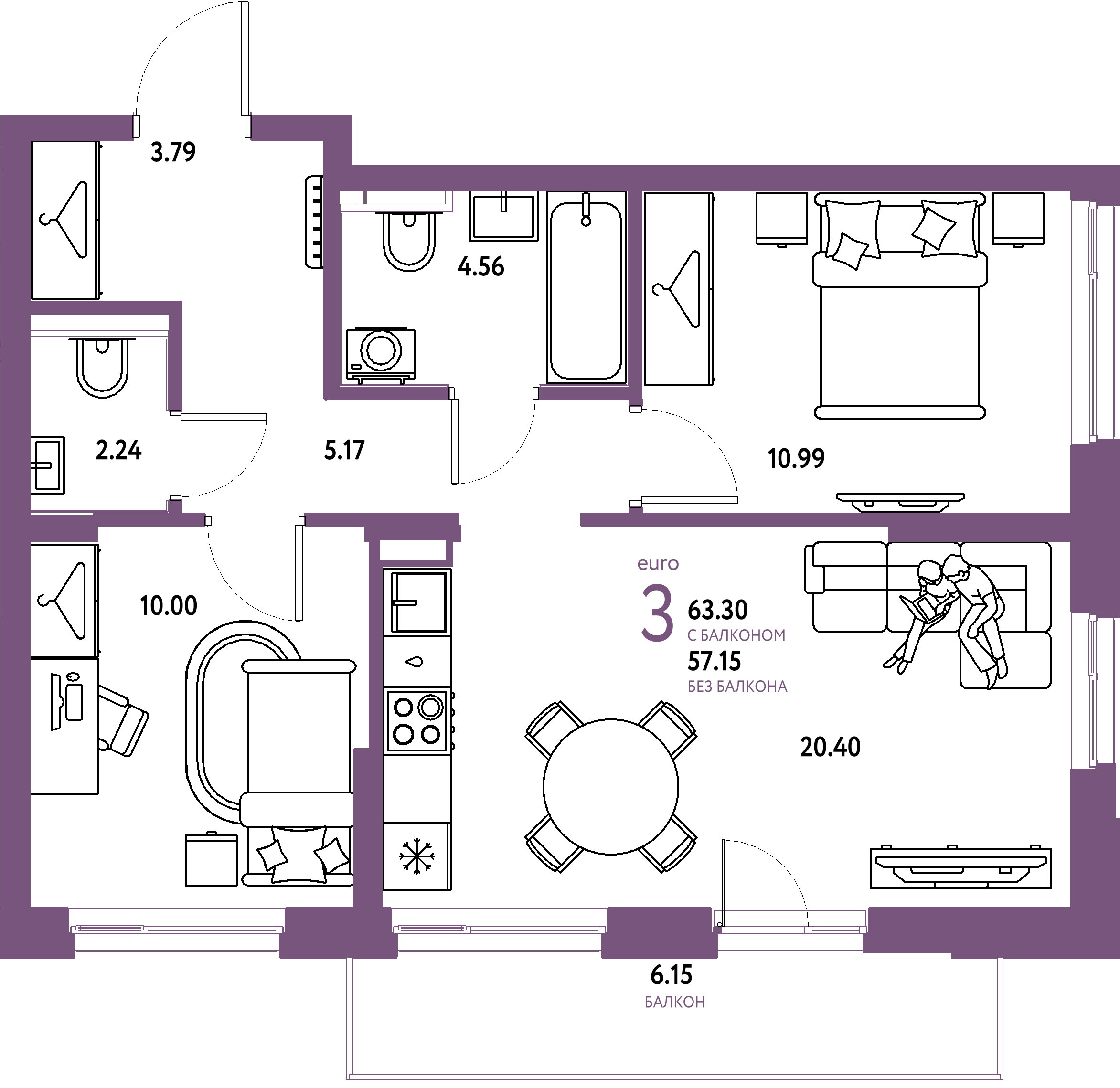ЖК "Сибирский сад"-3-комнатная 63.3 м²