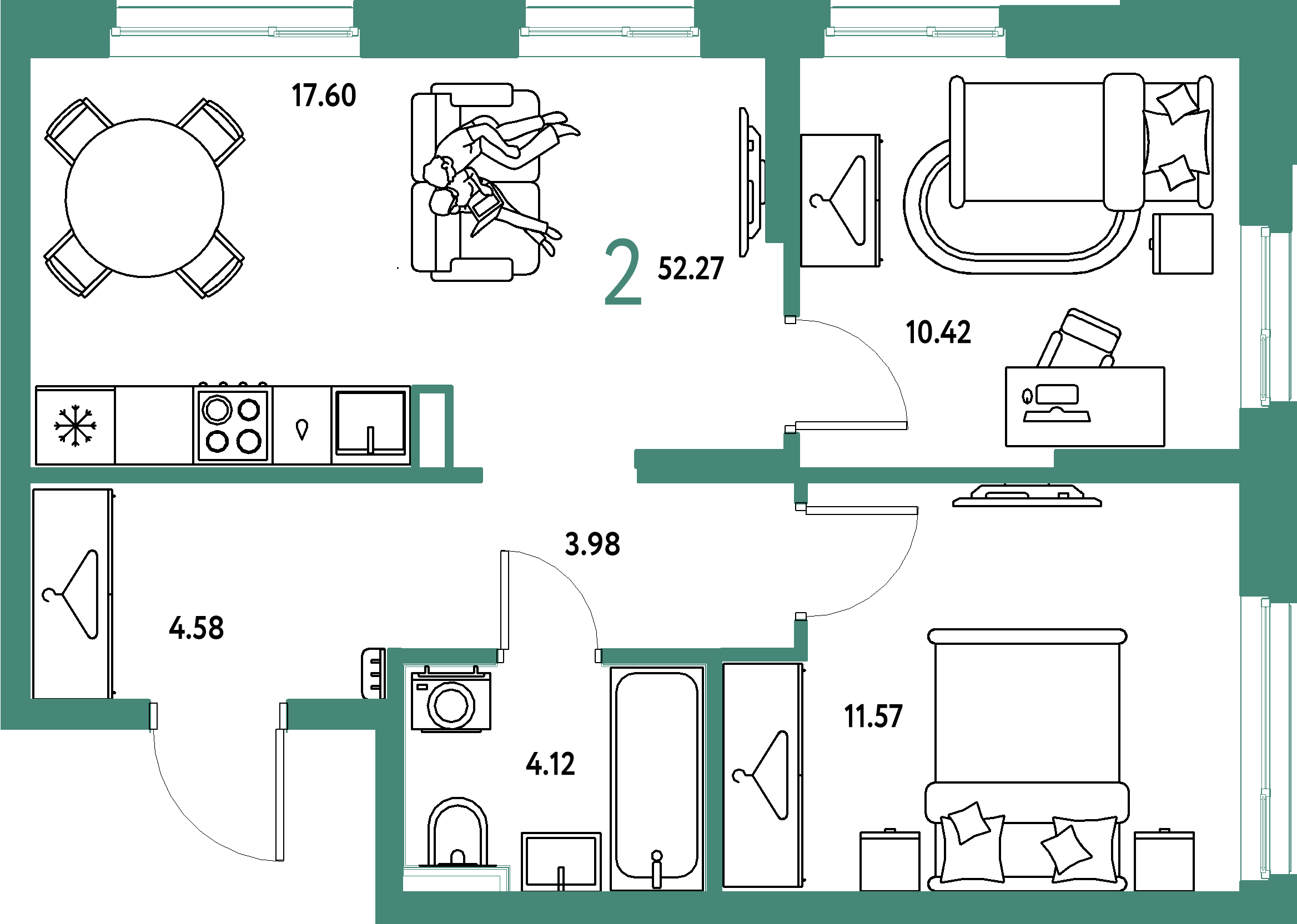 ЖК "Сибирский сад"-2-комнатная 52.27 м²