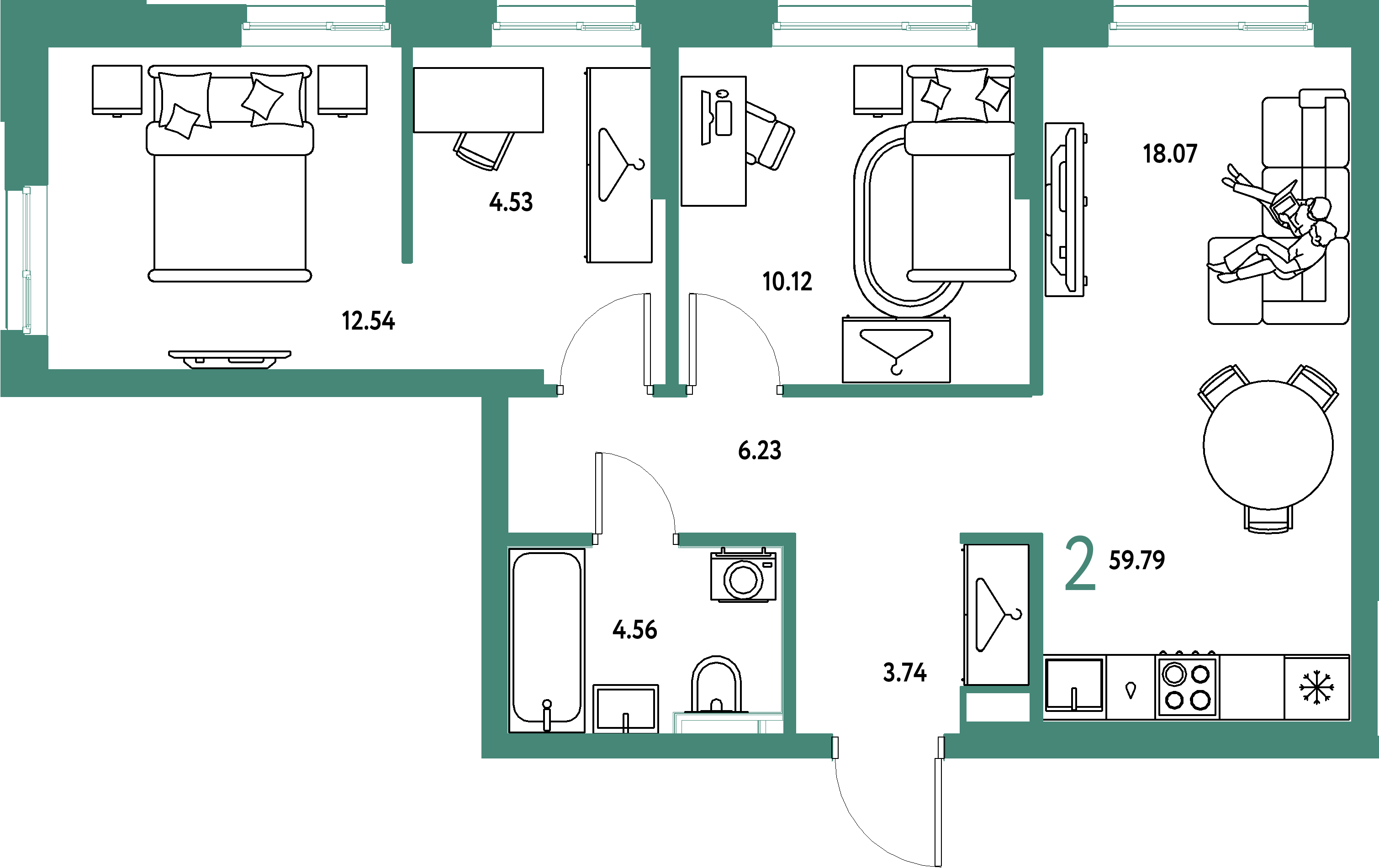 ЖК "Сибирский сад"-2-комнатная 59.79 м²
