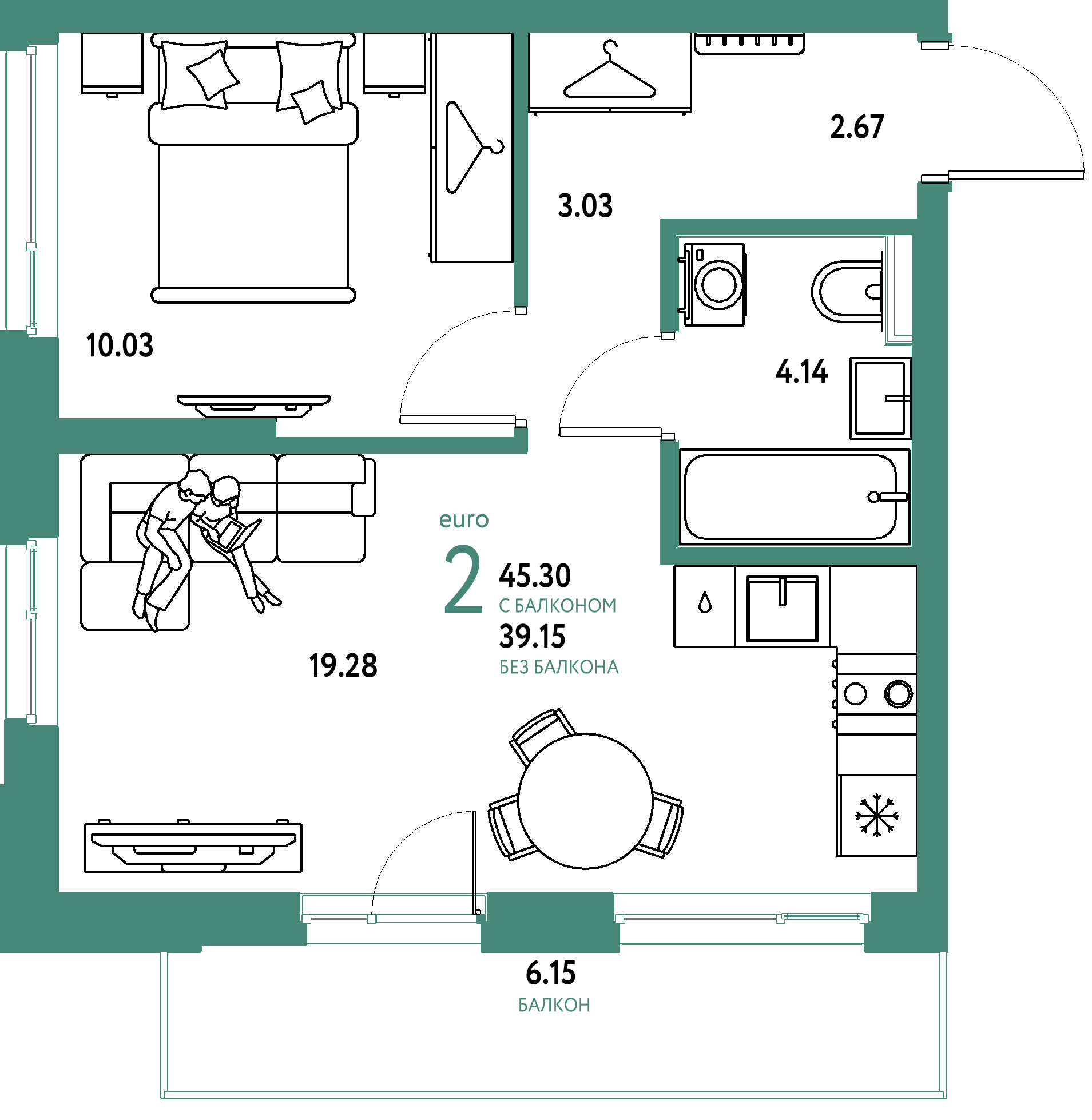 ЖК "Сибирский сад"-2-комнатная 45.3 м²