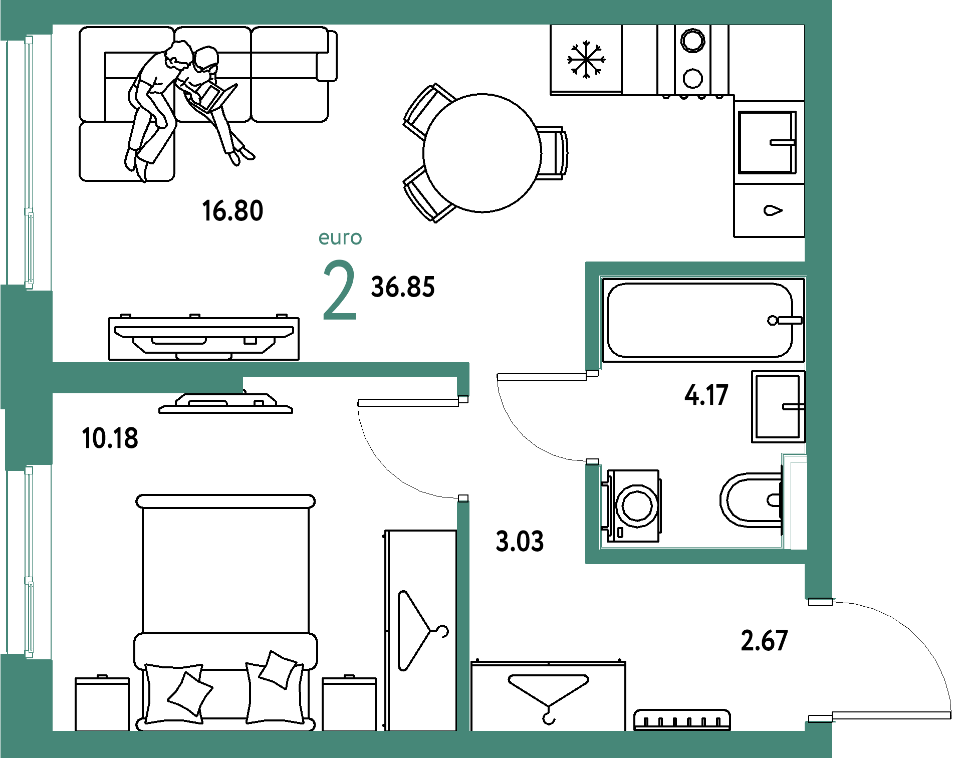 ЖК "Сибирский сад"-2-комнатная 36.85 м²