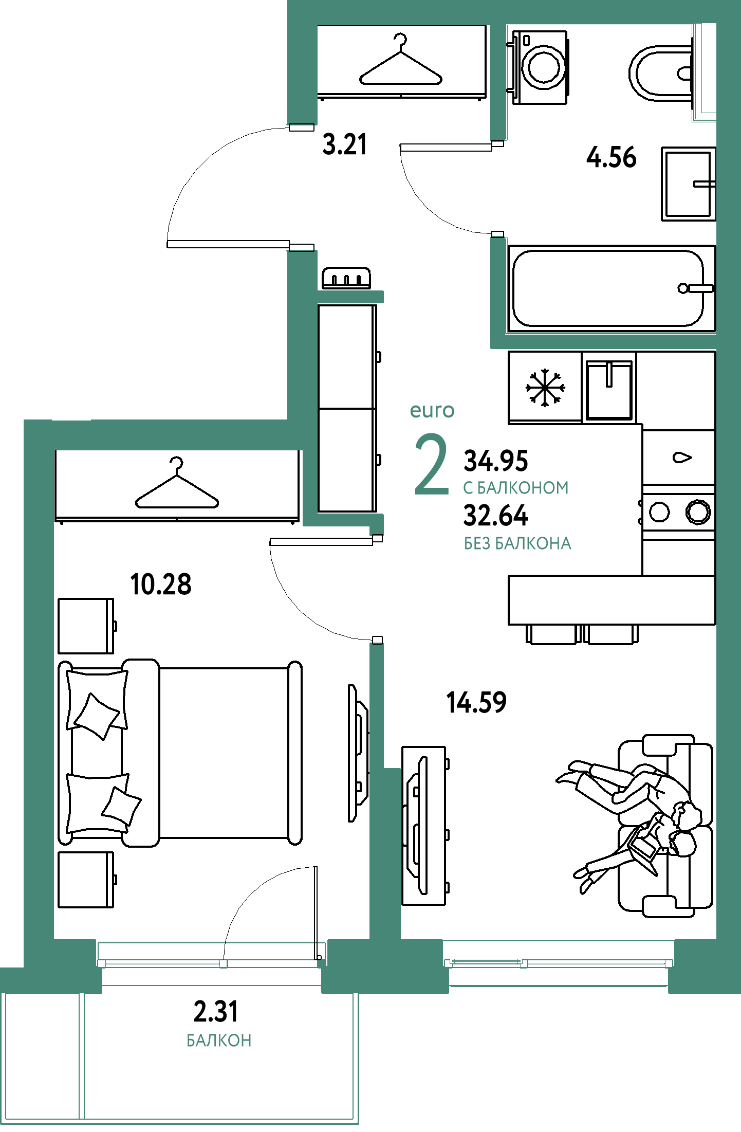 ЖК "Сибирский сад"-2-комнатная 34.95 м²