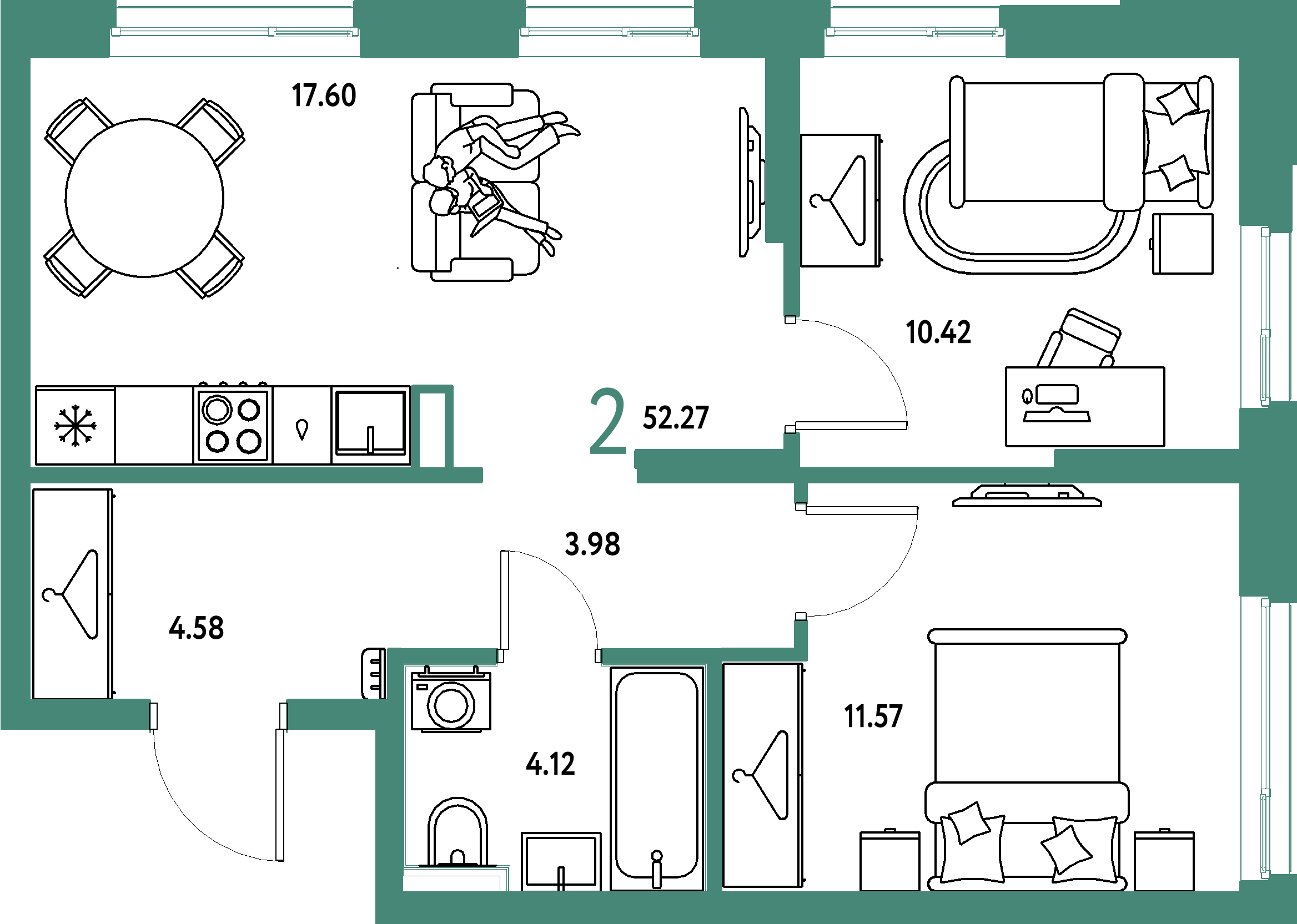 ЖК "Сибирский сад"-2-комнатная 52.27 м²
