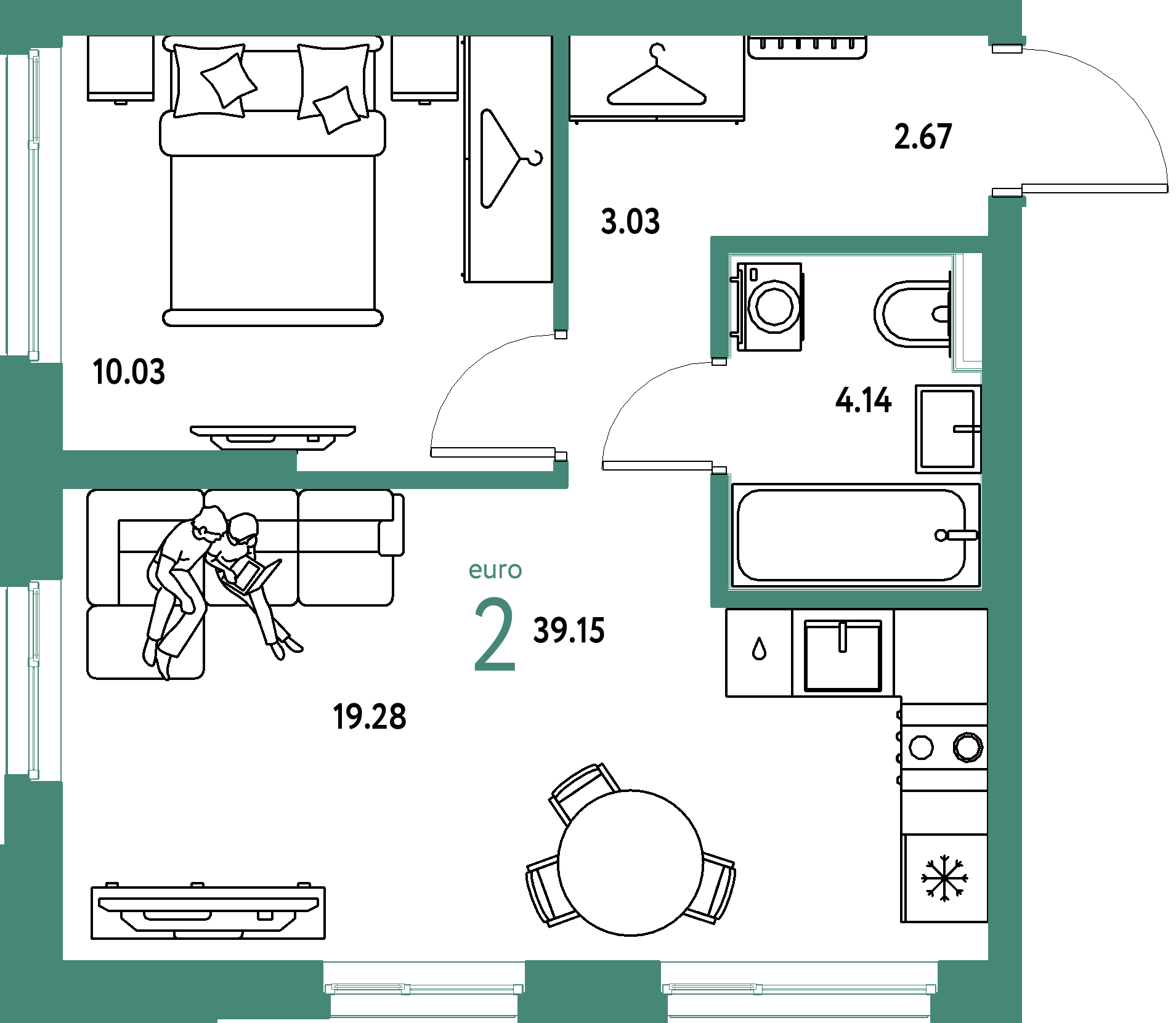 ЖК "Сибирский сад"-2-комнатная 39.15 м²