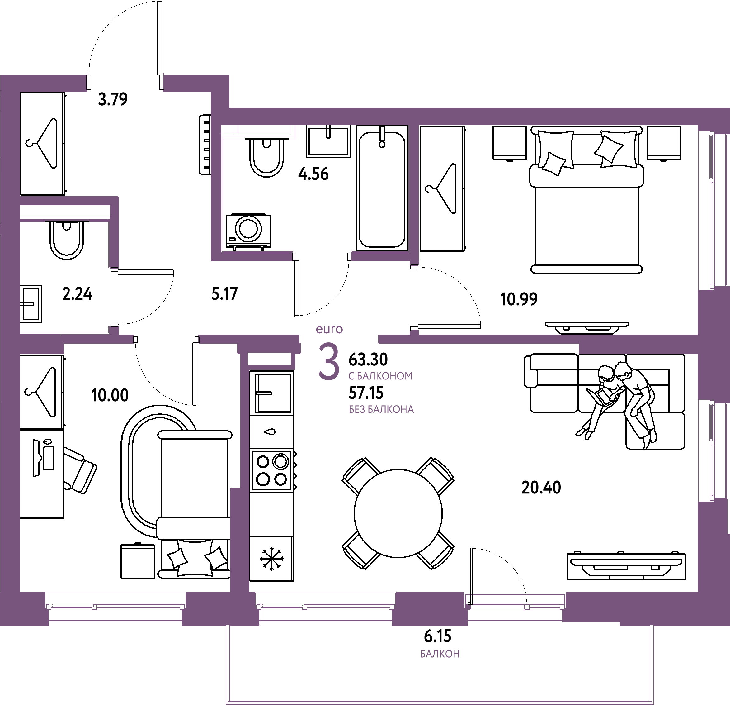 ЖК "Сибирский сад"-3-комнатная 63.3 м²
