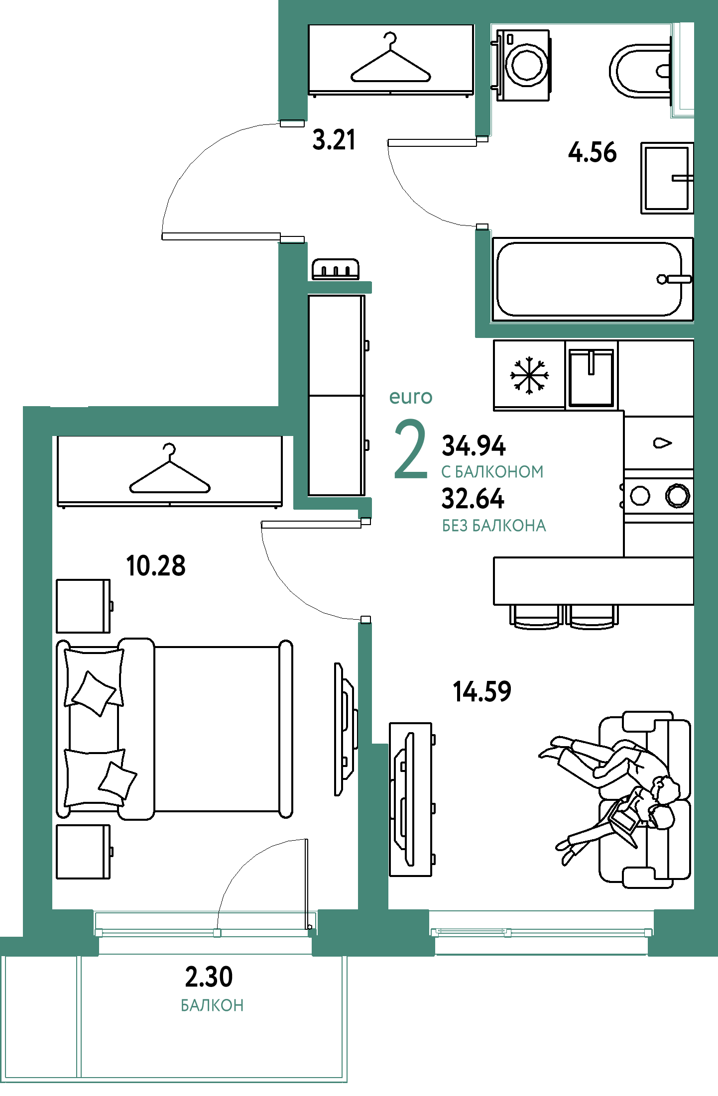 ЖК "Сибирский сад"-2-комнатная 34.94 м²