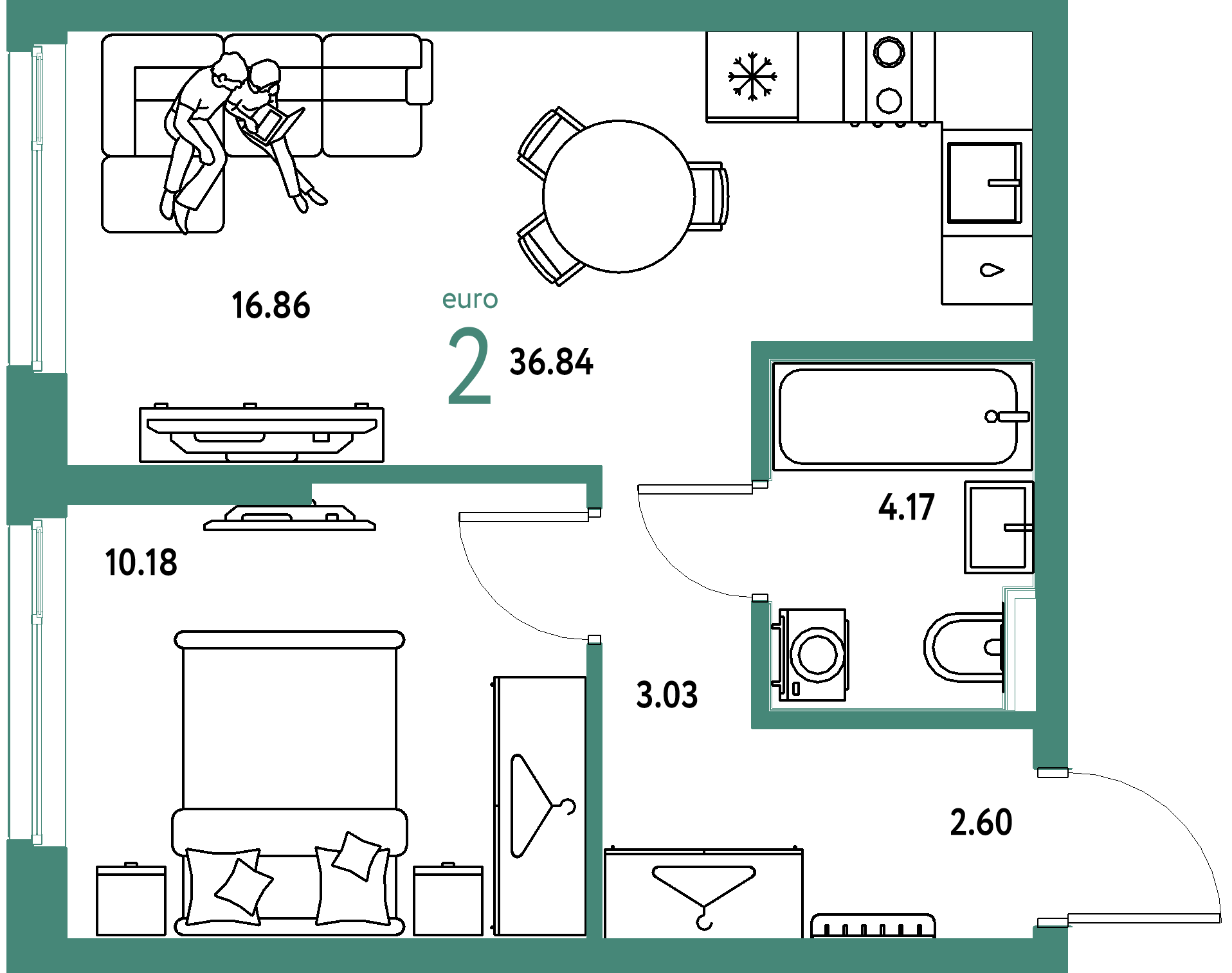 ЖК "Сибирский сад"-2-комнатная 36.84 м²