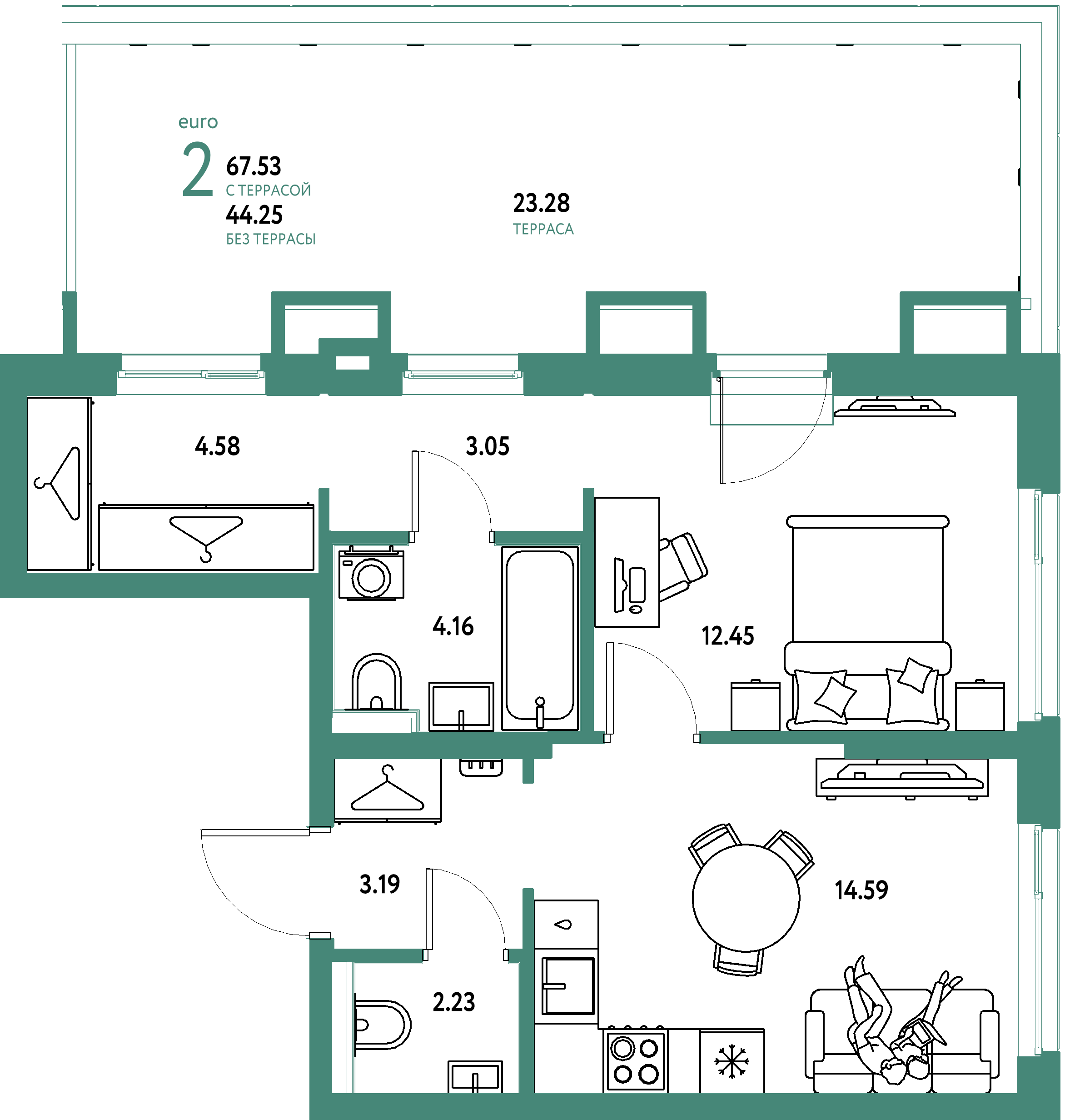ЖК "Сибирский сад"-2-комнатная 67.53 м²