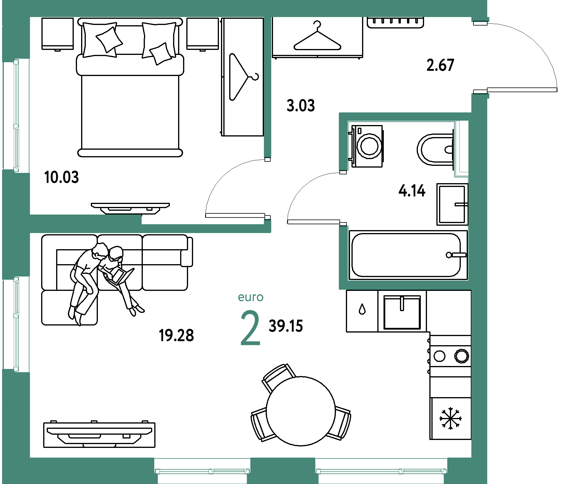 ЖК "Сибирский сад"-2-комнатная 39.15 м²