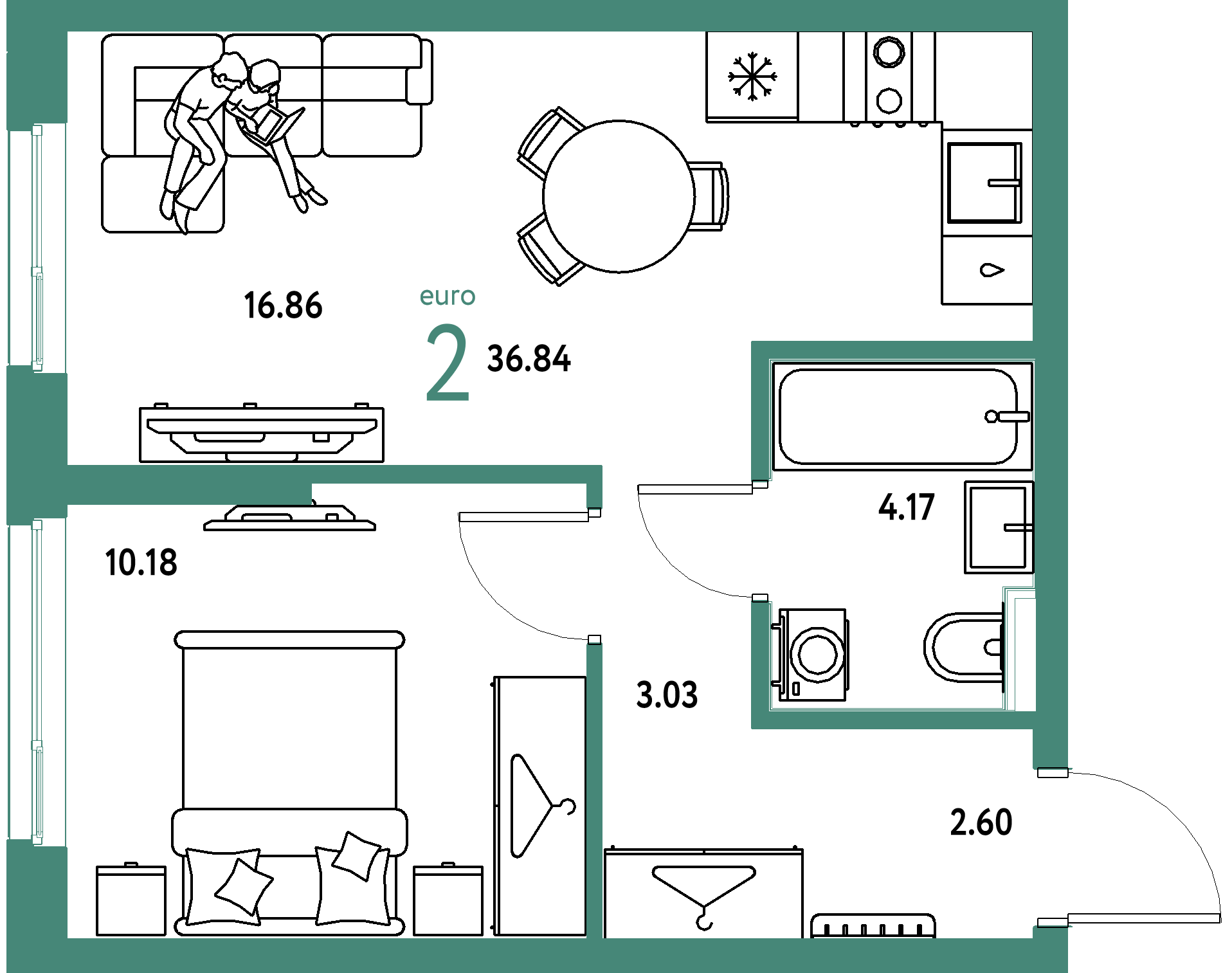 ЖК "Сибирский сад"-2-комнатная 36.84 м²