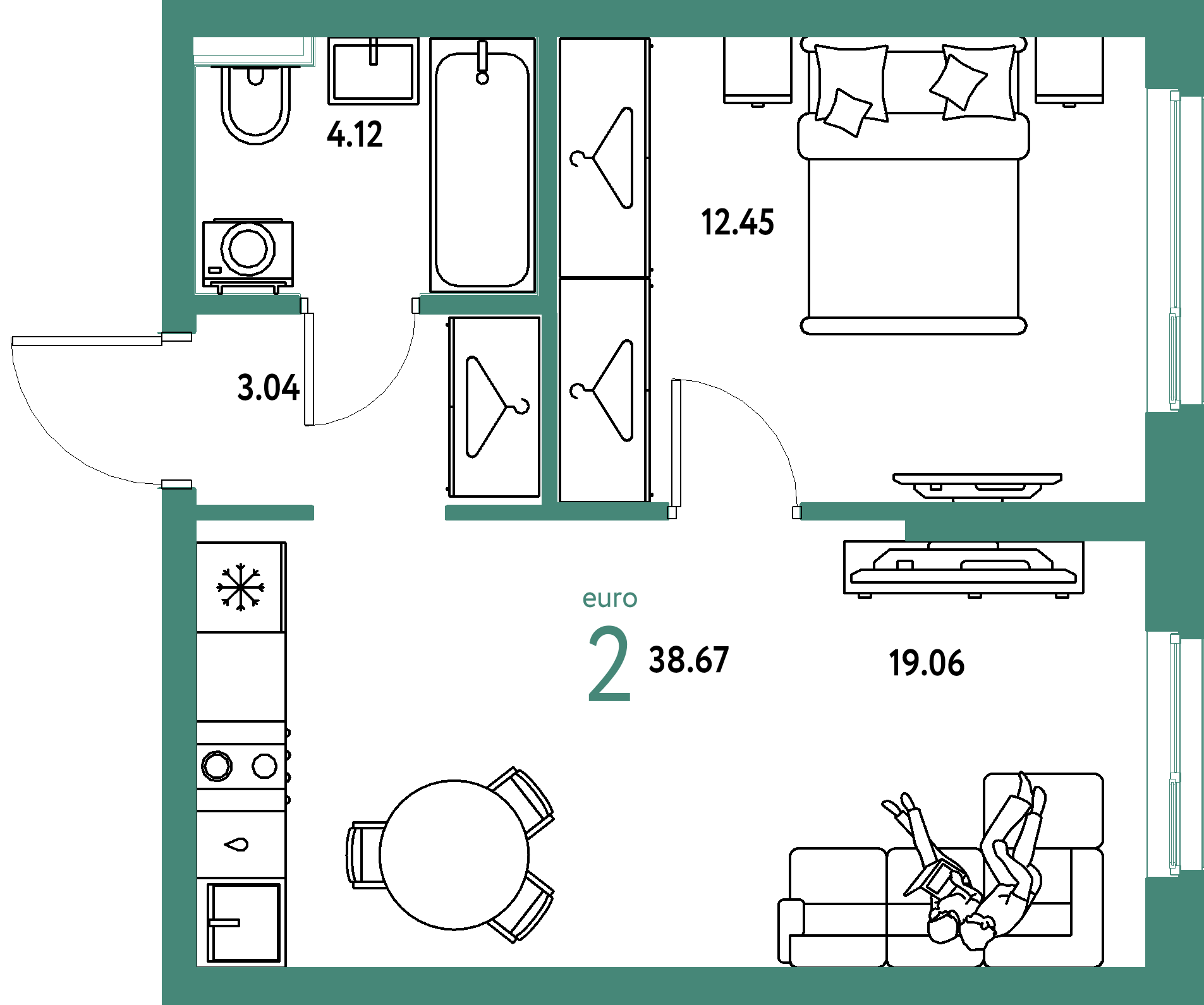ЖК "Сибирский сад"-2-комнатная 38.67 м²