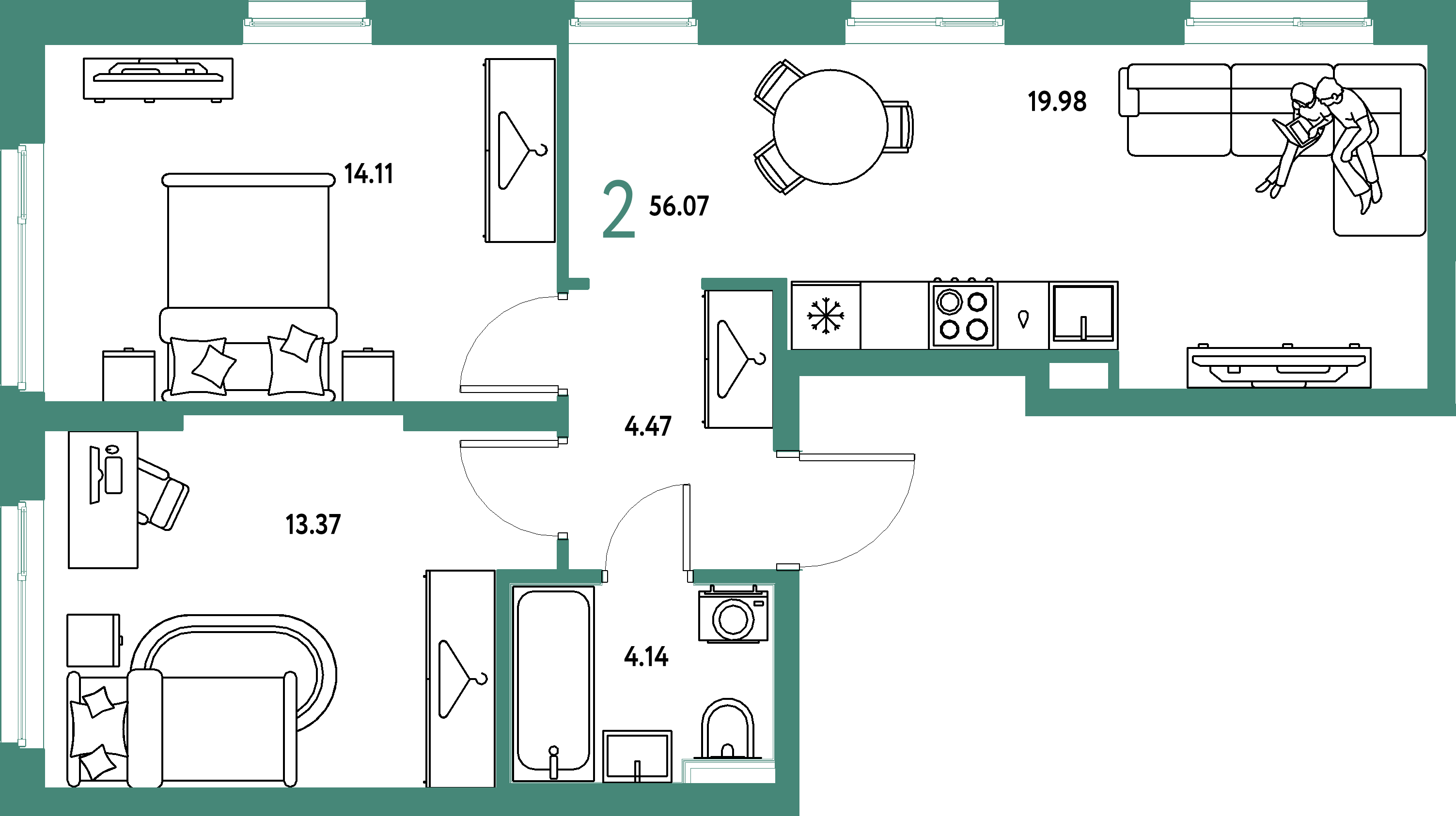 ЖК "Сибирский сад"-2-комнатная 56.07 м²