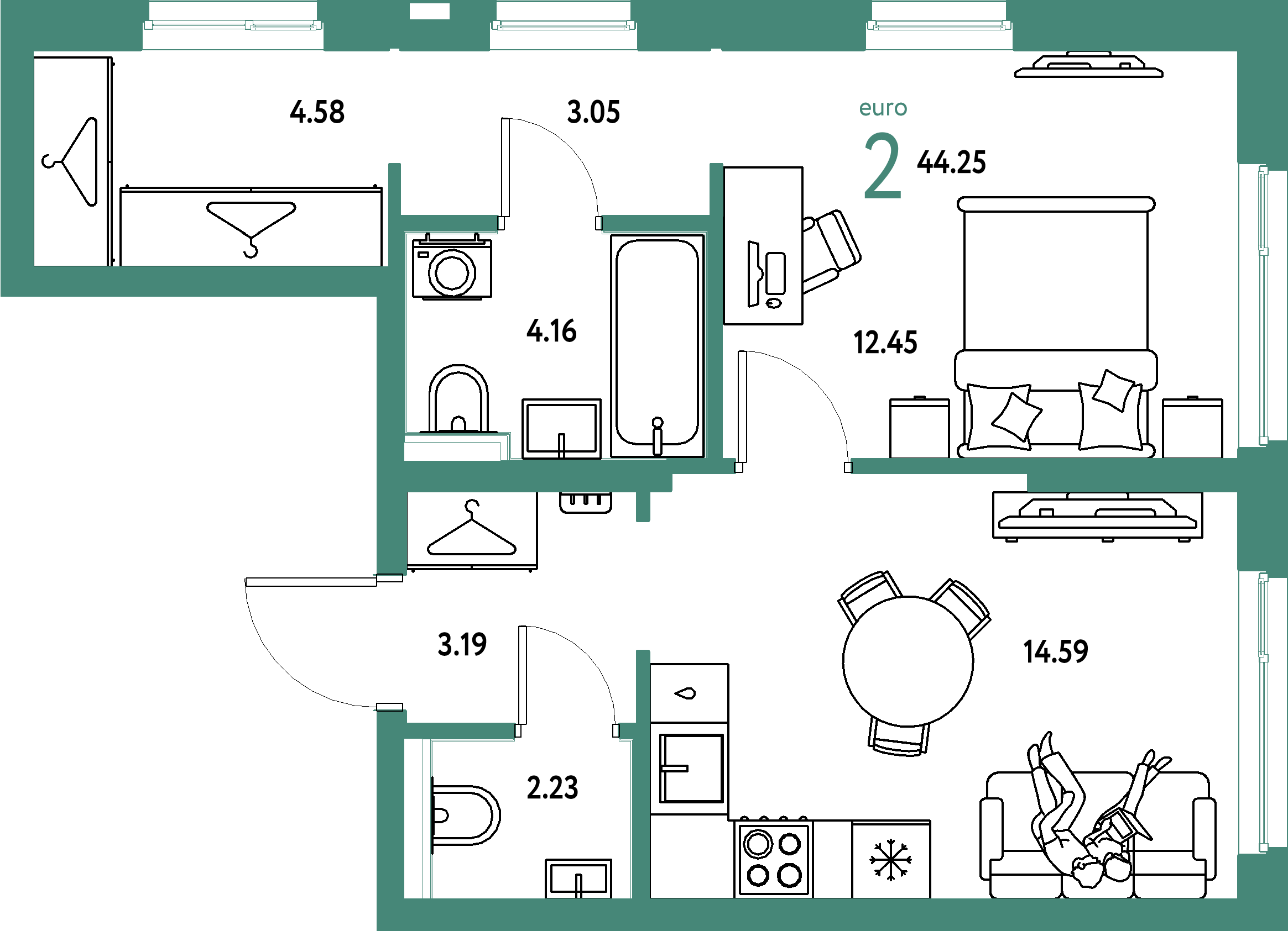 ЖК "Сибирский сад"-2-комнатная 44.25 м²
