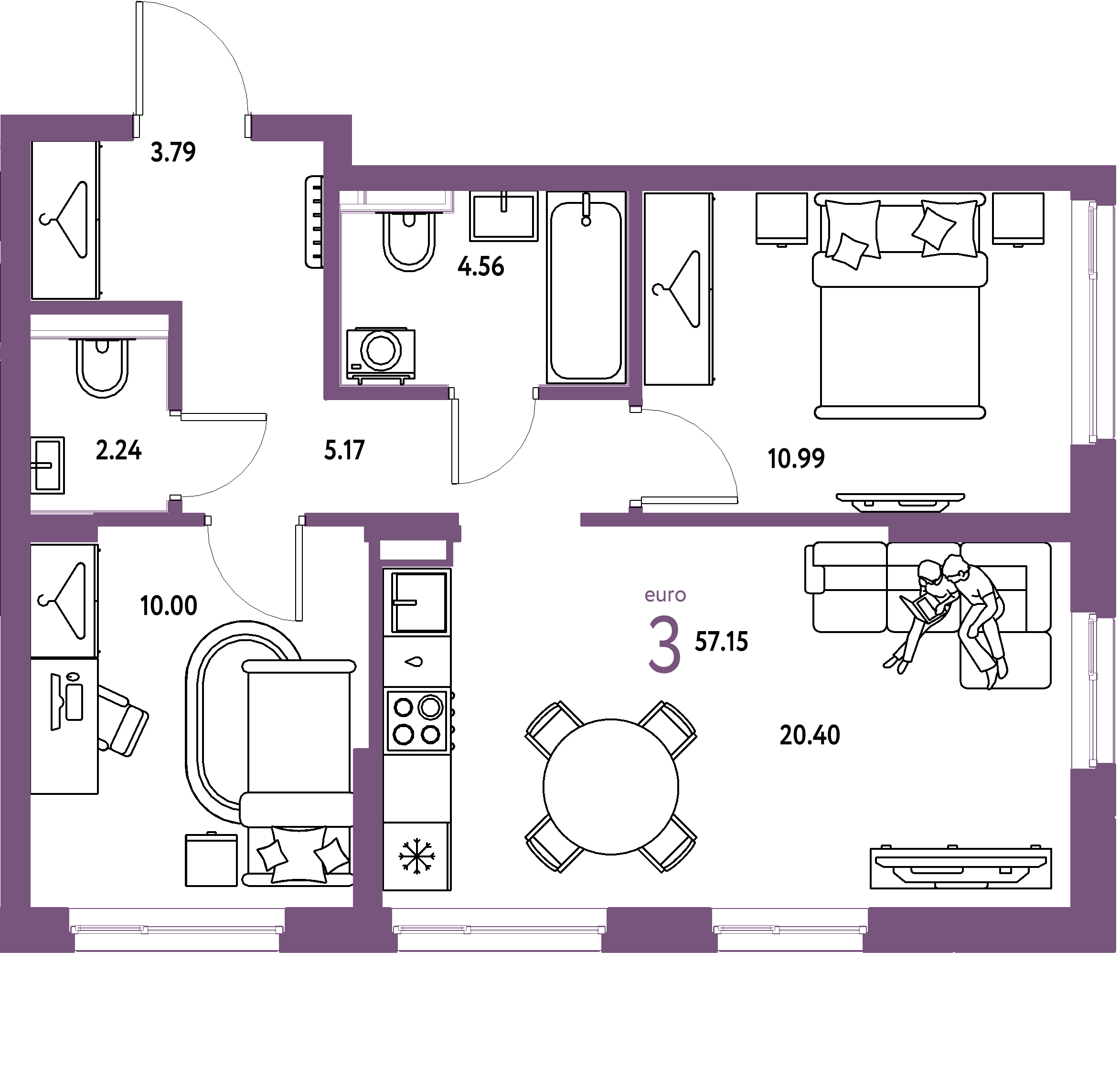 ЖК "Сибирский сад"-3-комнатная 57.15 м²