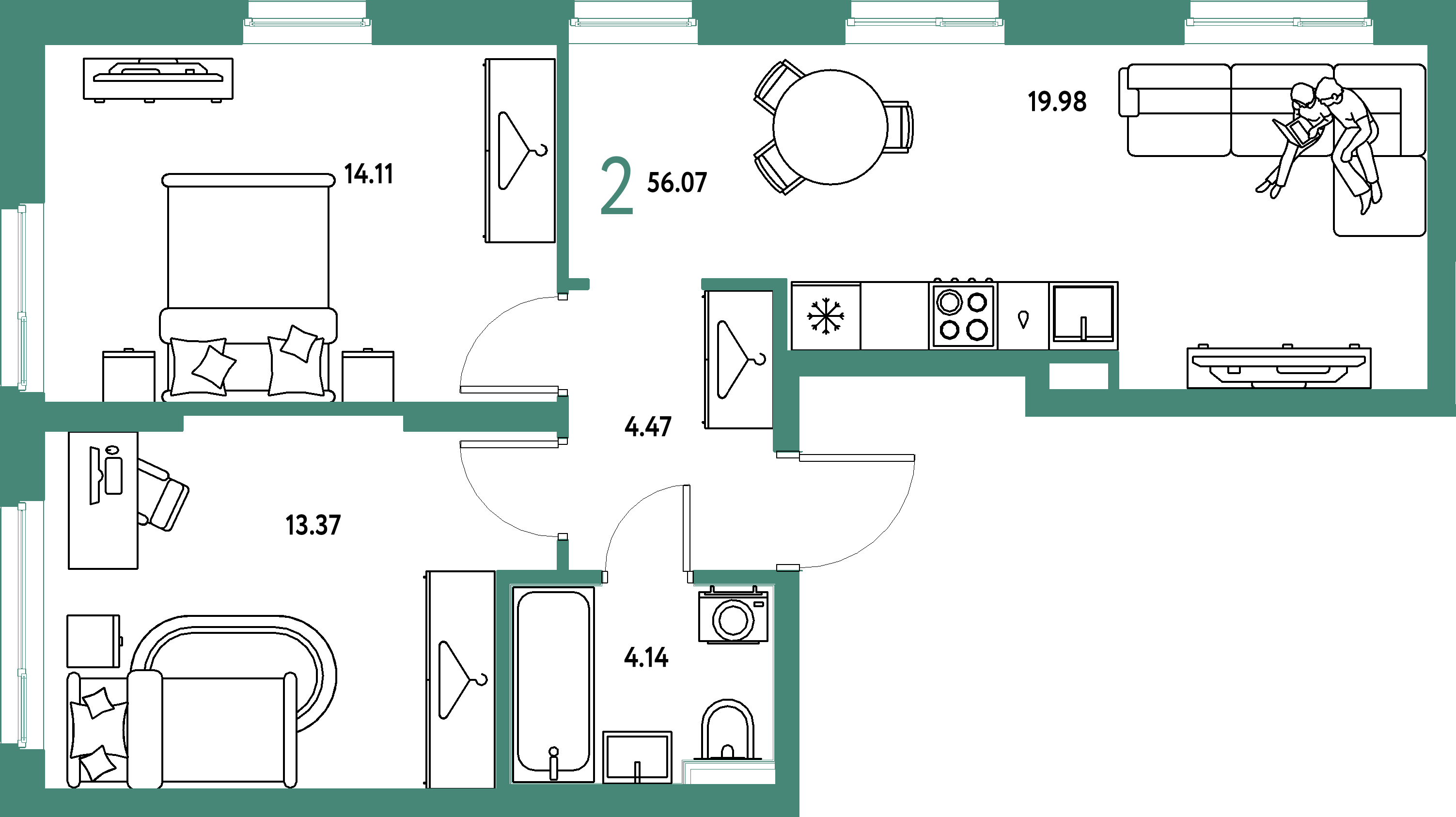 ЖК "Сибирский сад"-2-комнатная 56.07 м²