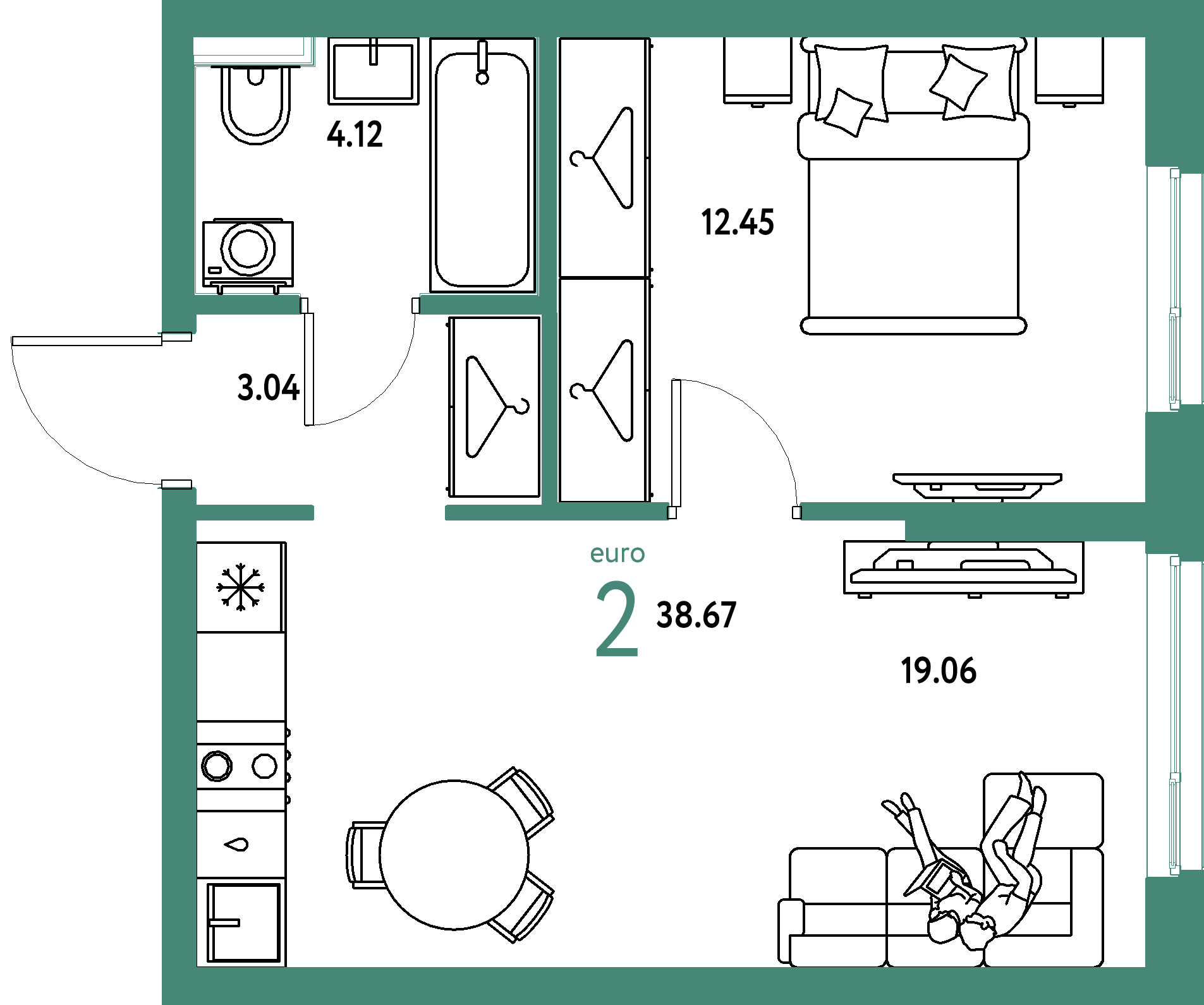 ЖК "Сибирский сад"-2-комнатная 38.67 м²