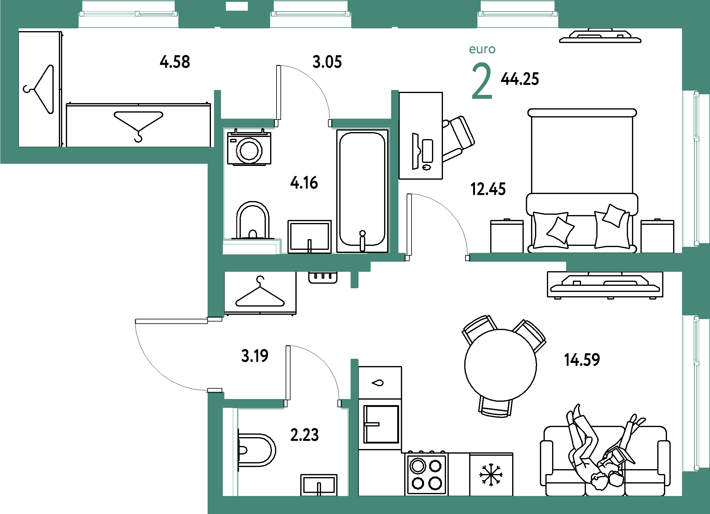 ЖК "Сибирский сад"-2-комнатная 44.25 м²