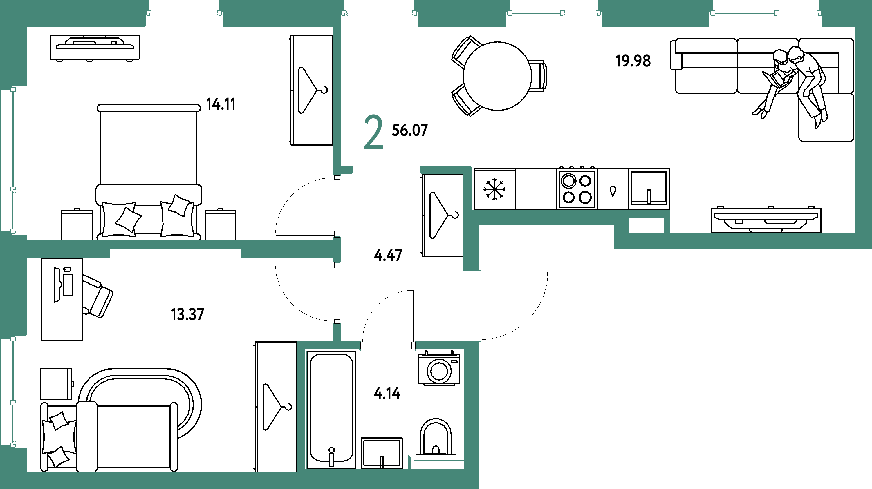 ЖК "Сибирский сад"-2-комнатная 56.07 м²