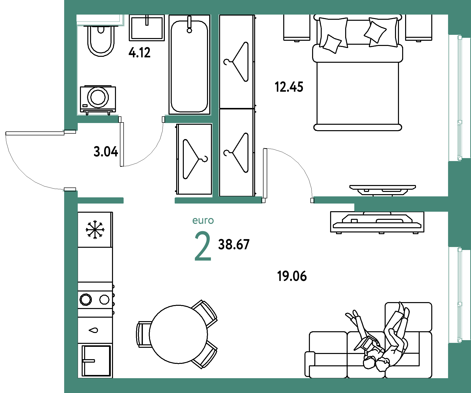 ЖК "Сибирский сад"-2-комнатная 38.67 м²