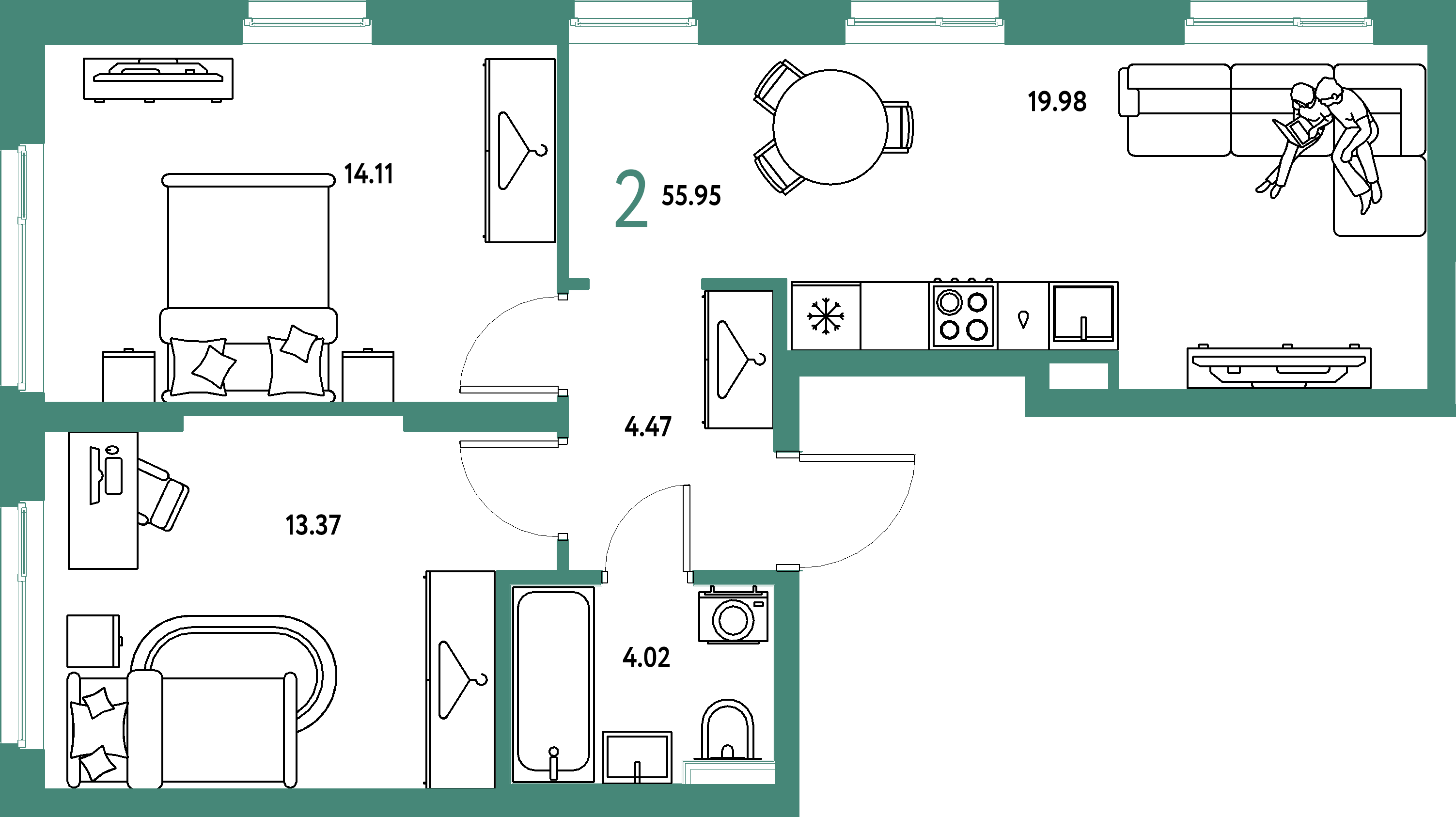 ЖК "Сибирский сад"-2-комнатная 55.95 м²