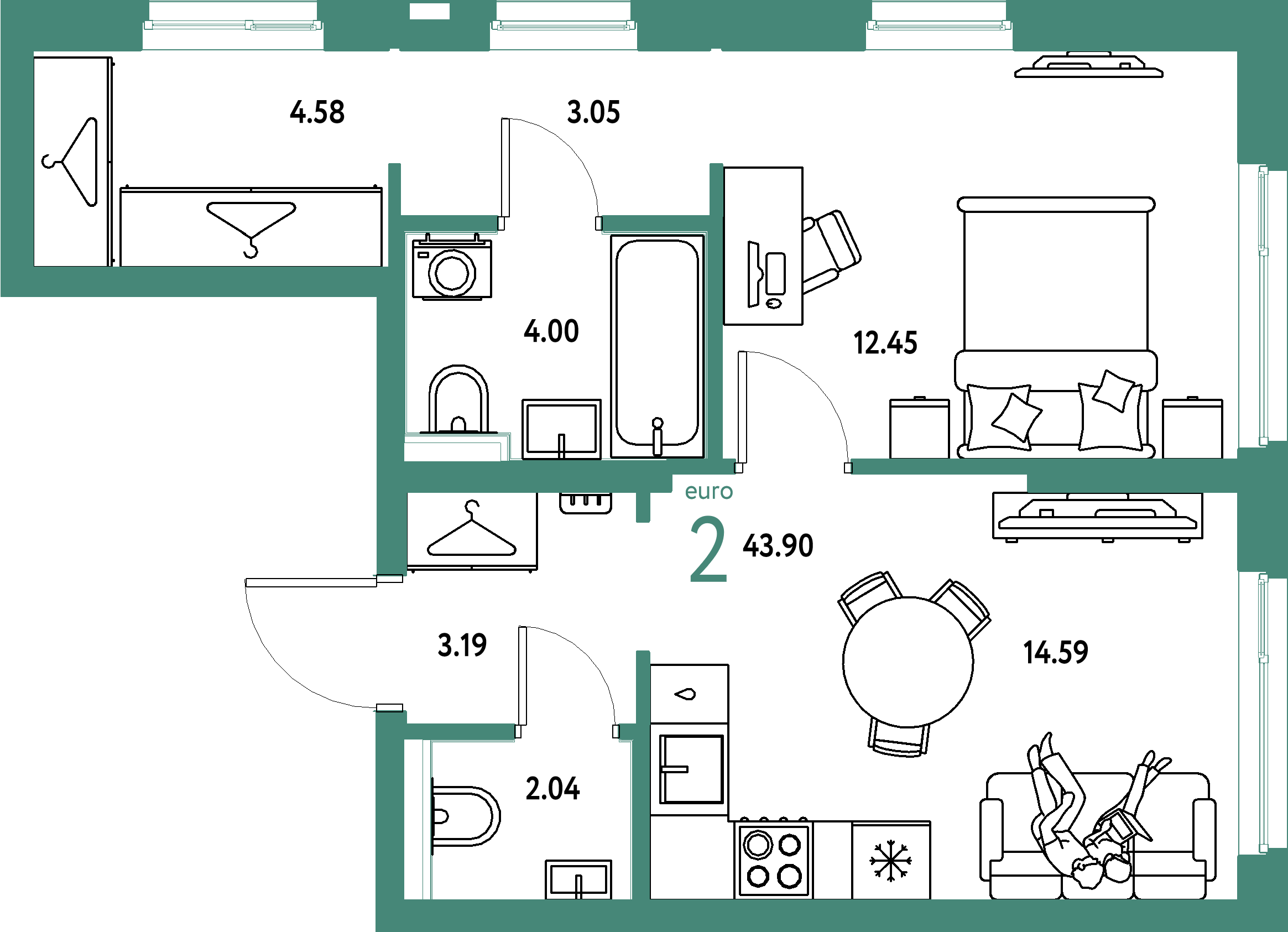 ЖК "Сибирский сад"-2-комнатная 43.9 м²