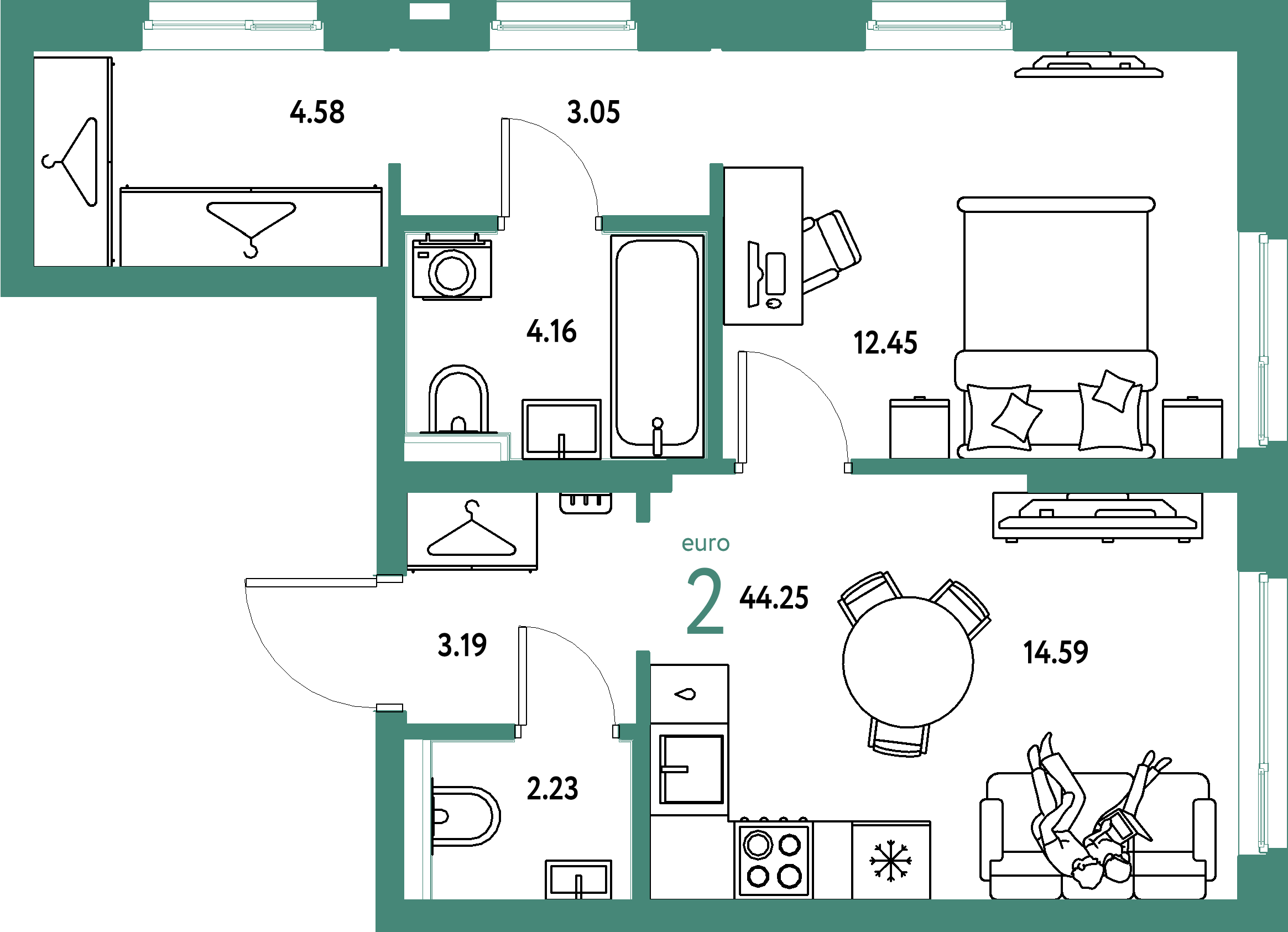 ЖК "Сибирский сад"-2-комнатная 44.25 м²