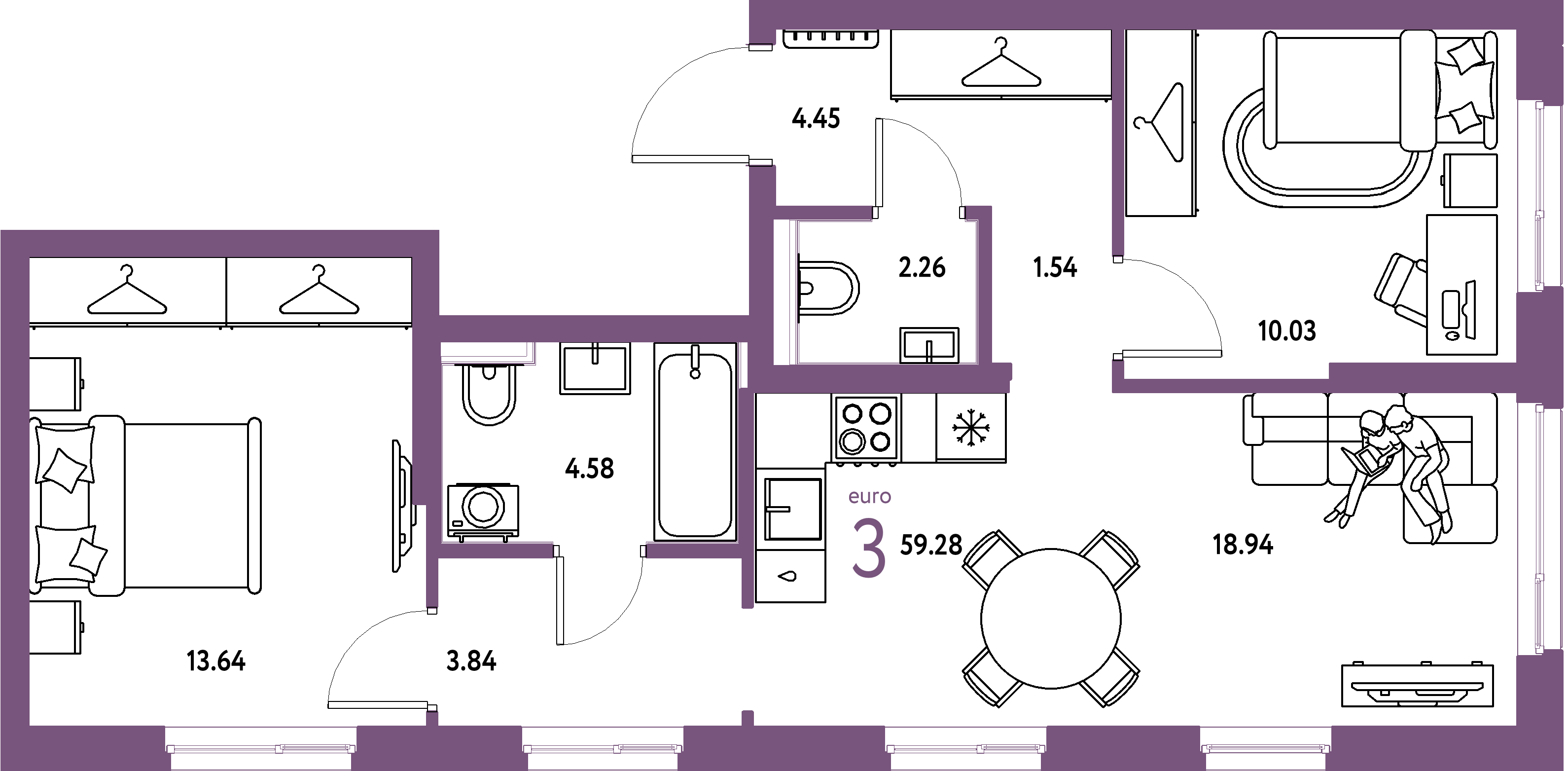 ЖК "Сибирский сад"-3-комнатная 59.28 м²