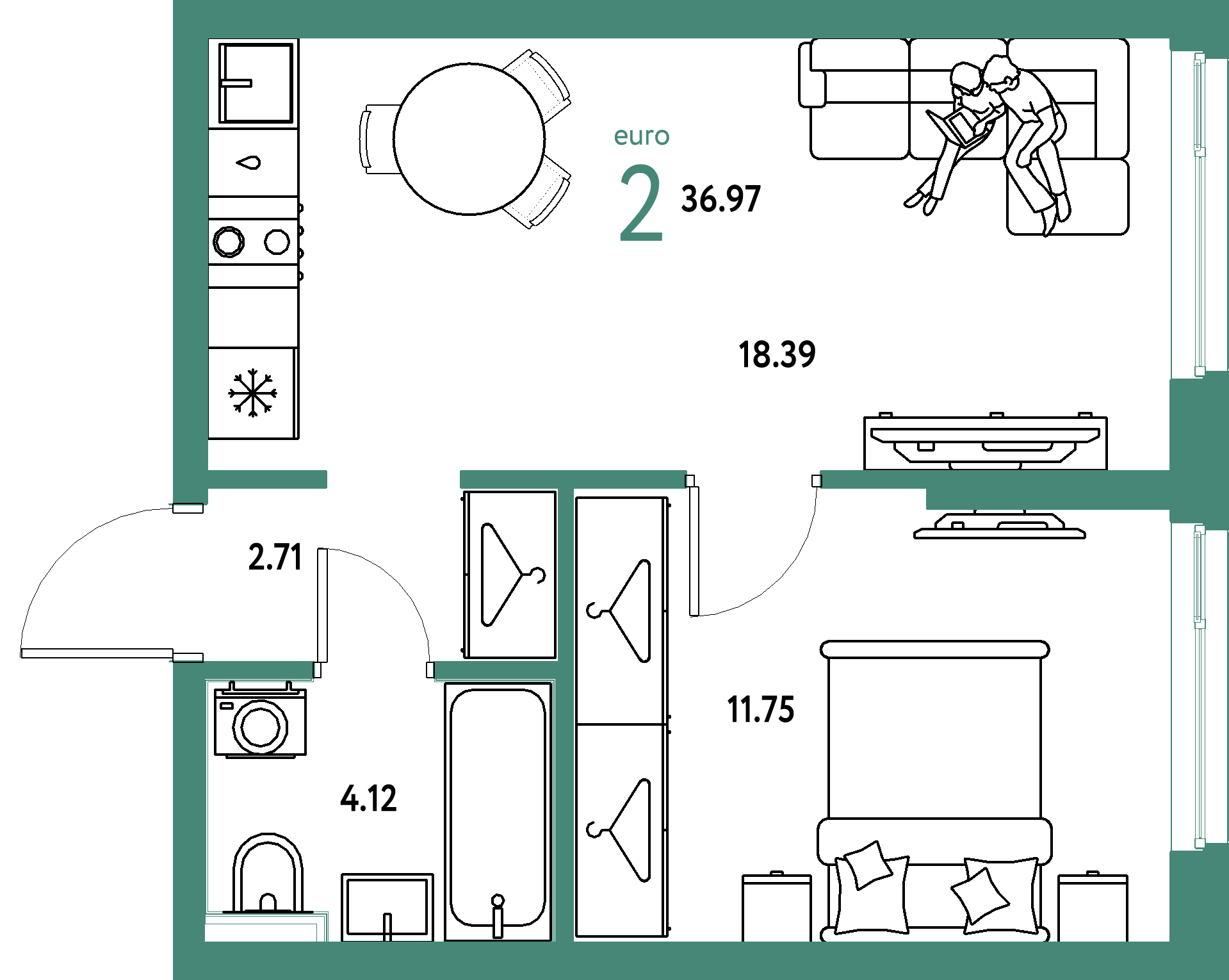 ЖК "Сибирский сад"-2-комнатная 36.97 м²