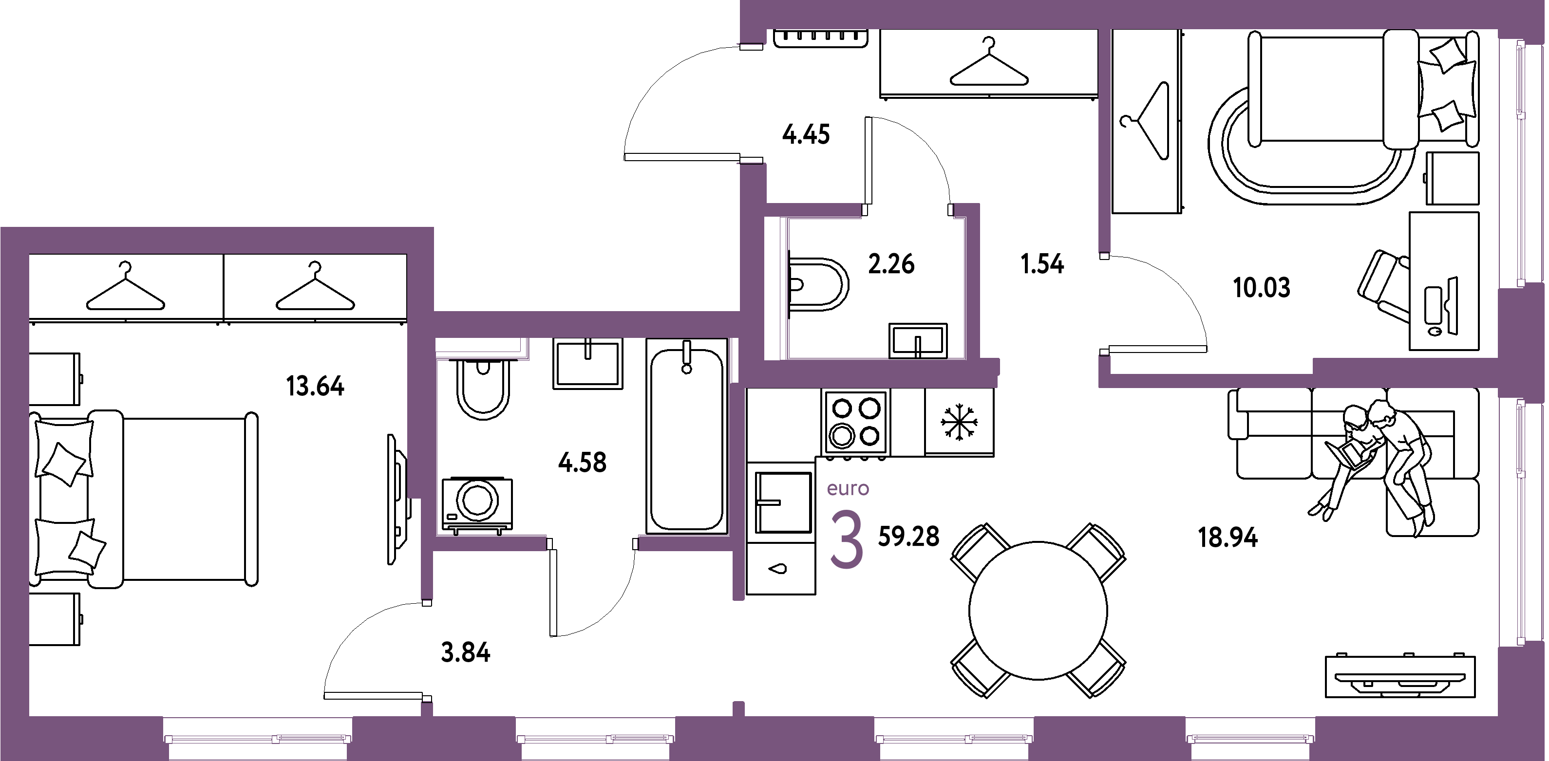 ЖК "Сибирский сад"-3-комнатная 59.28 м²