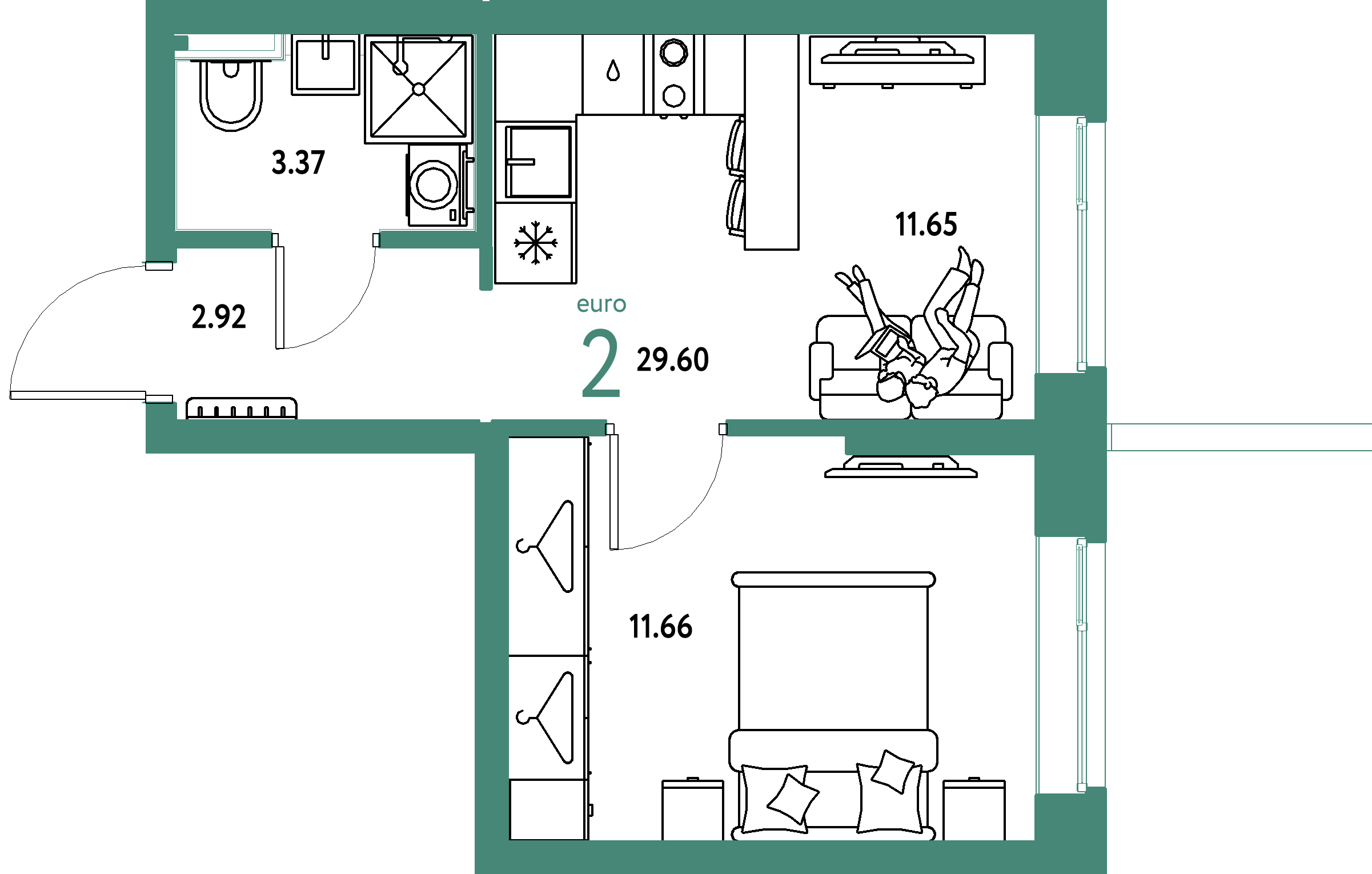 ЖК "Сибирский сад"-2-комнатная 29.6 м²