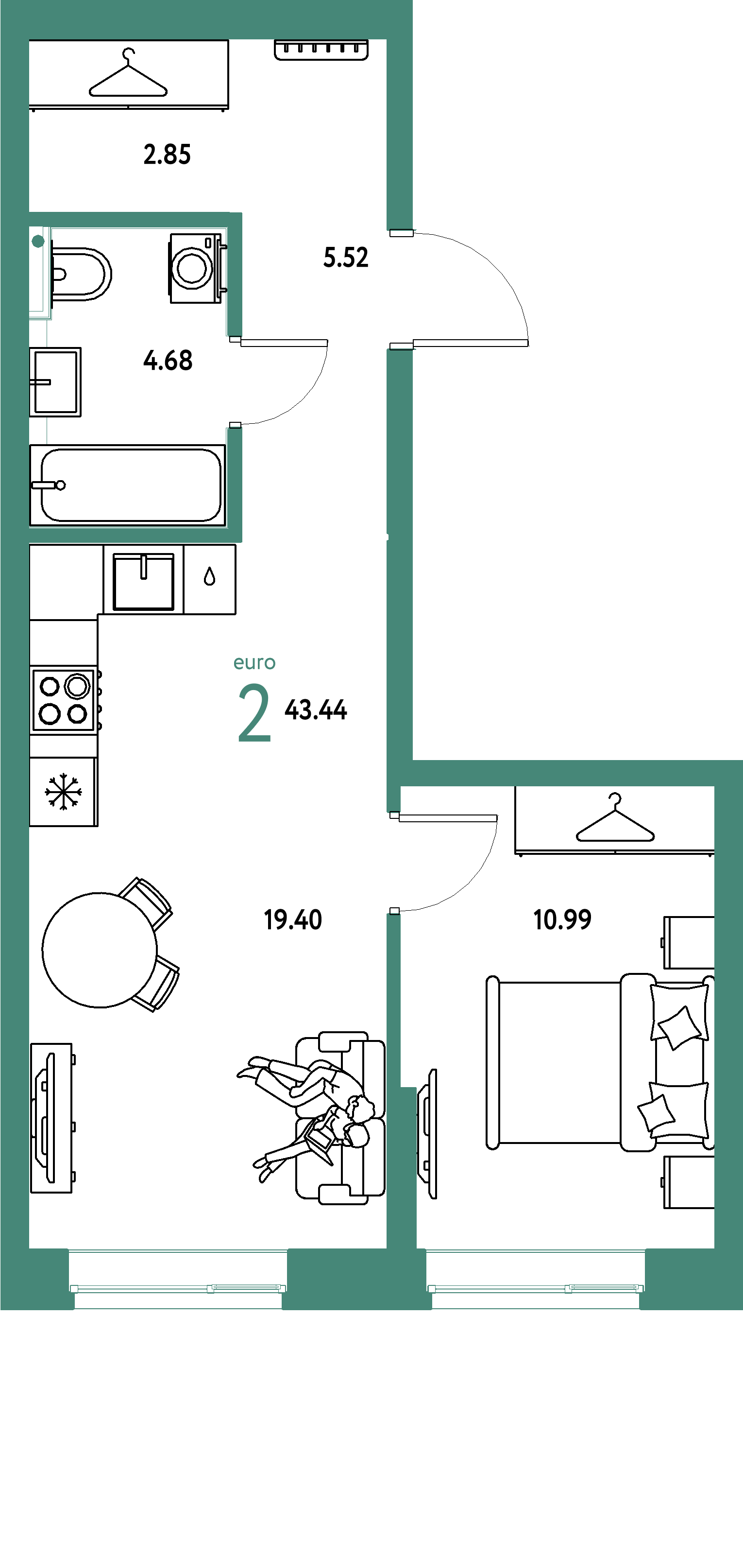 ЖК "Сибирский сад"-2-комнатная 43.44 м²