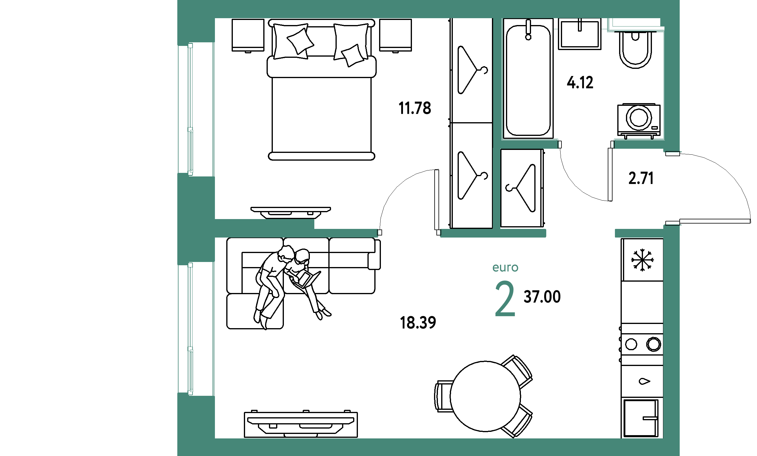 ЖК "Сибирский сад"-2-комнатная 37 м²