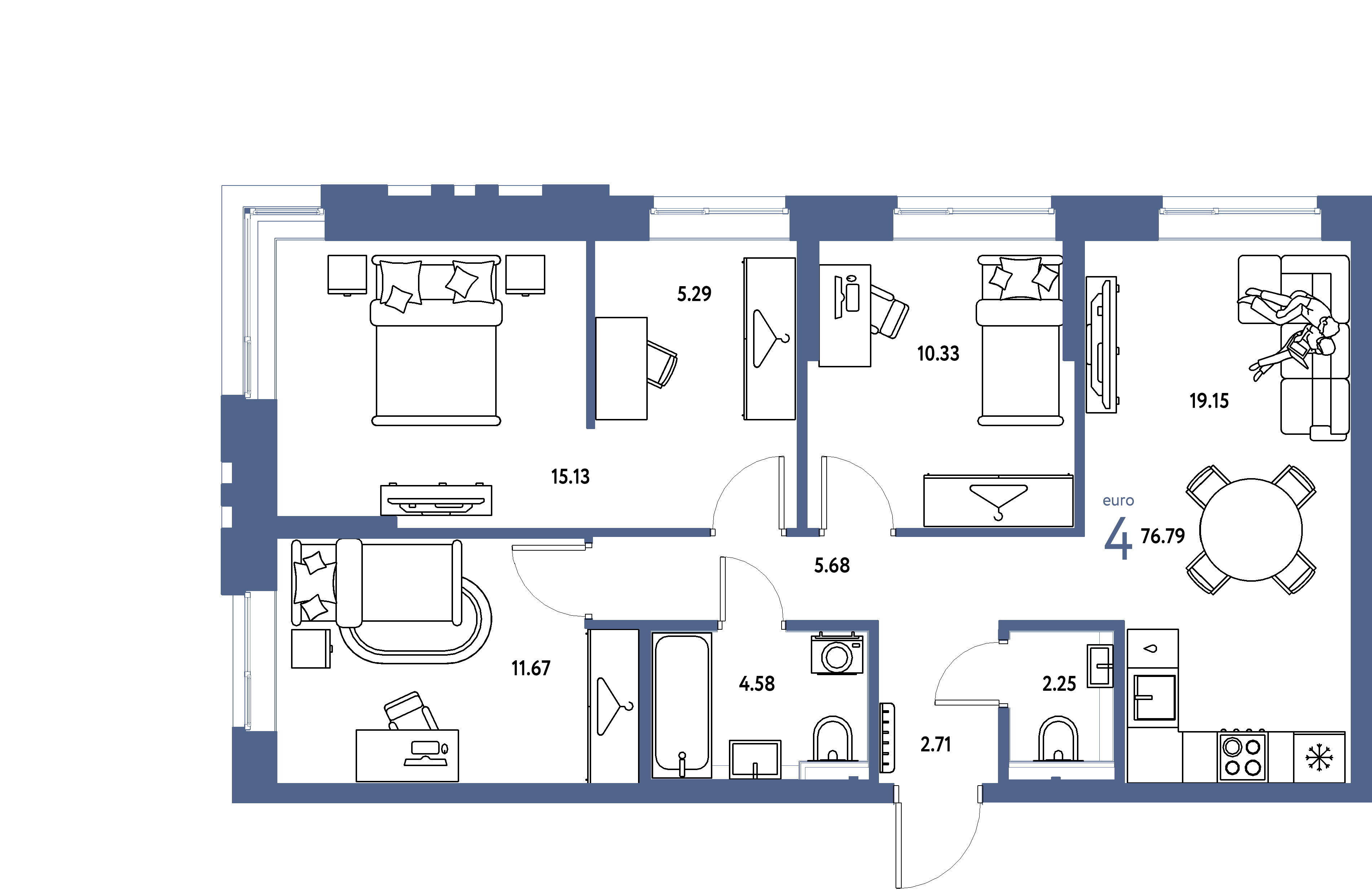ЖК "Сибирский сад"-4-комнатная 76.79 м²