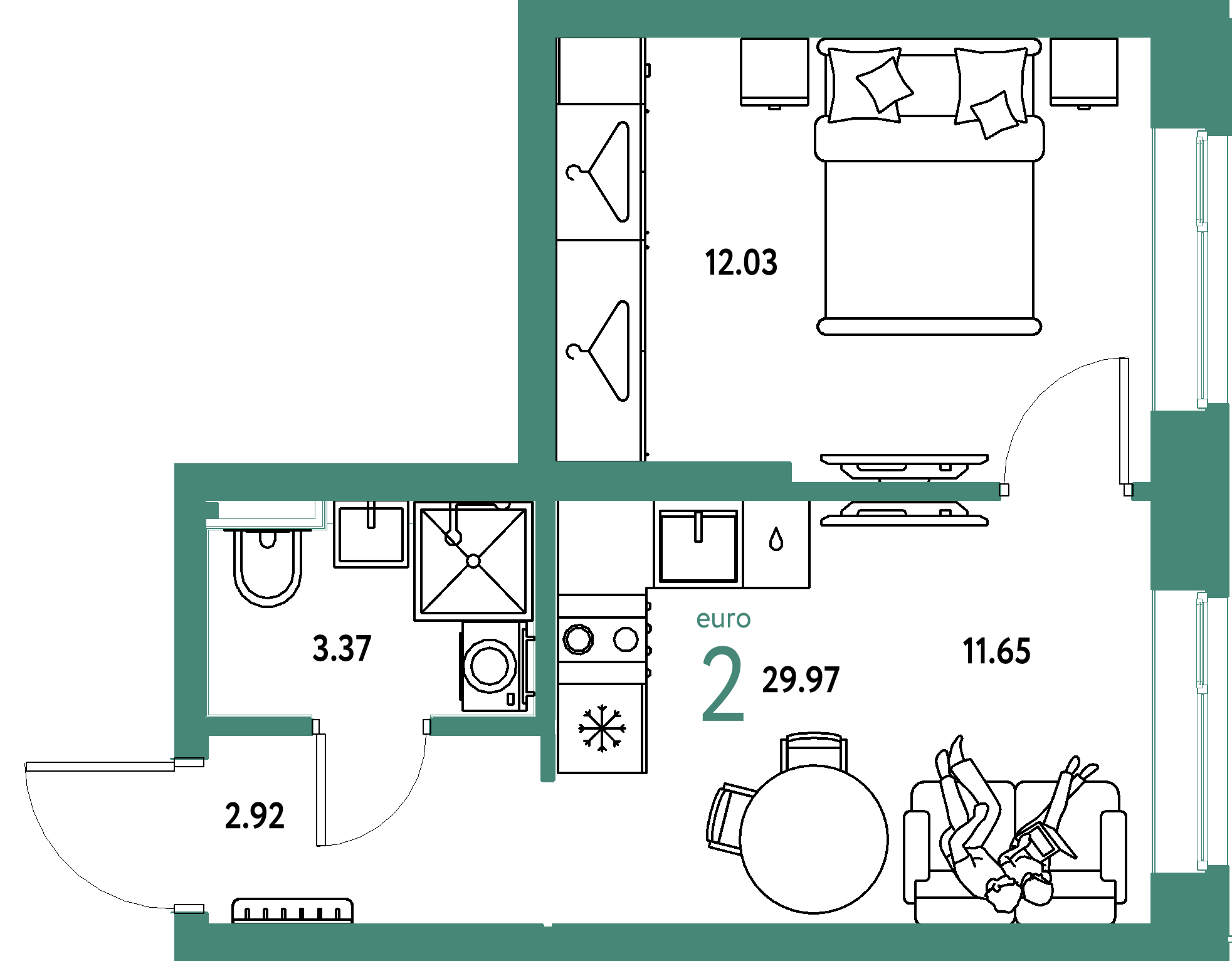 ЖК "Сибирский сад"-2-комнатная 29.97 м²