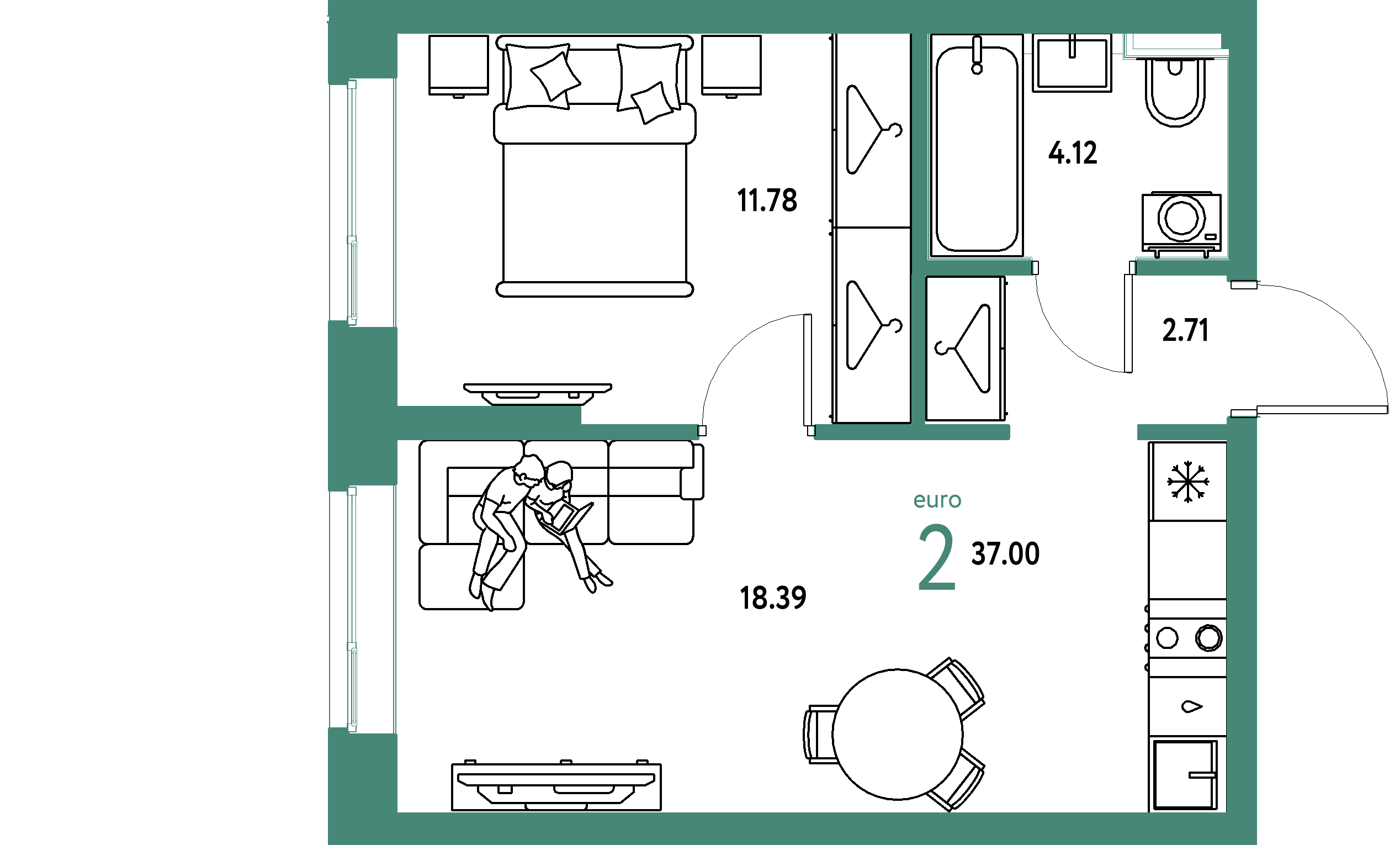 ЖК "Сибирский сад"-2-комнатная 37 м²
