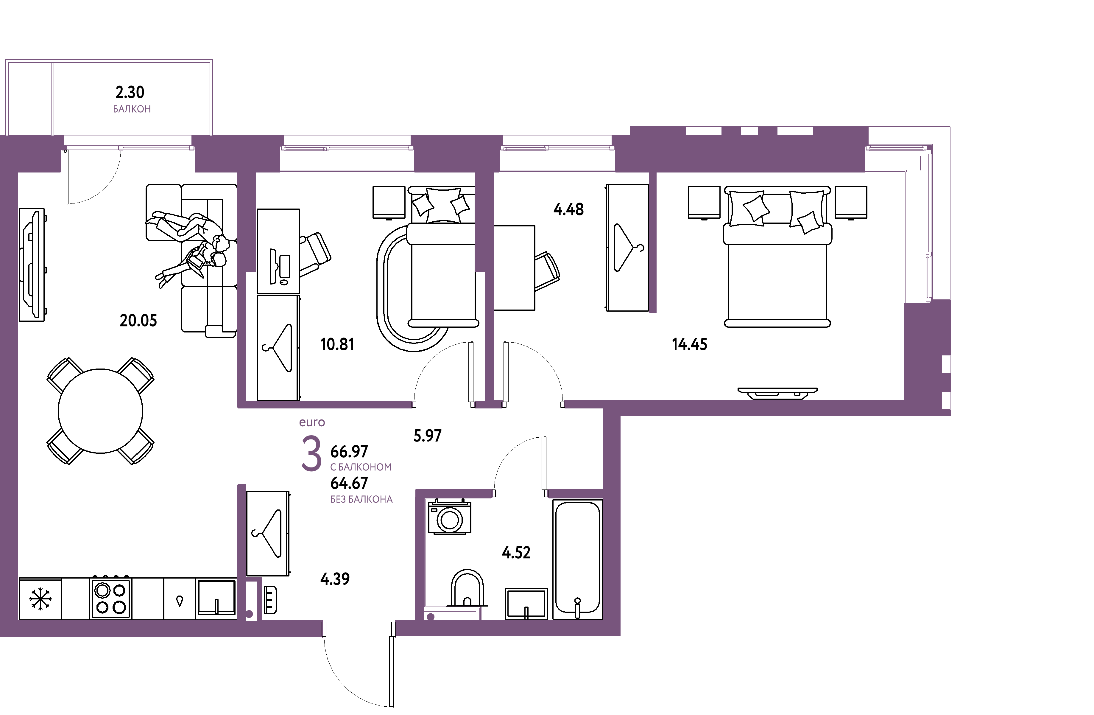 ЖК "Сибирский сад"-3-комнатная 66.97 м²