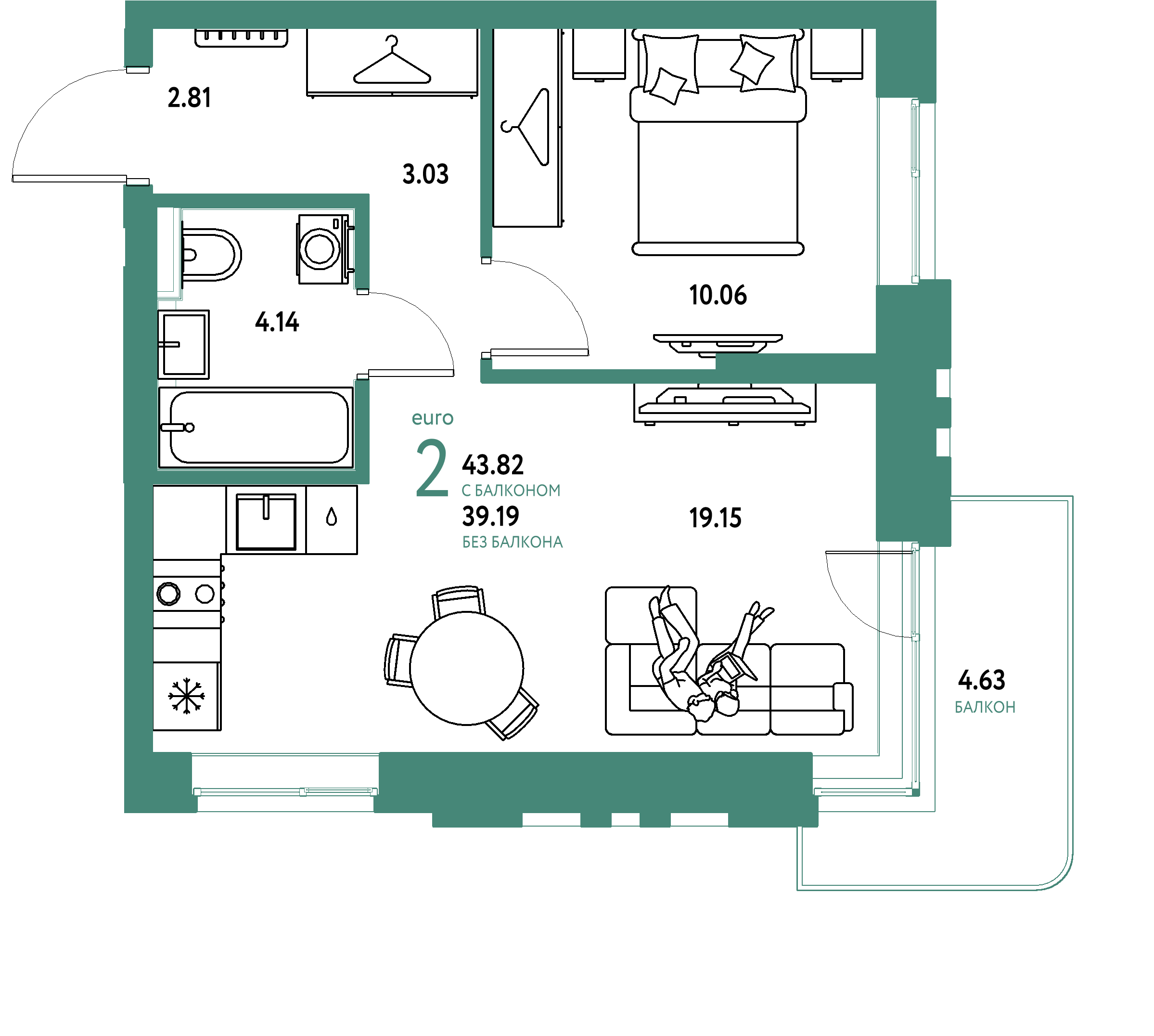 ЖК "Сибирский сад"-2-комнатная 43.82 м²