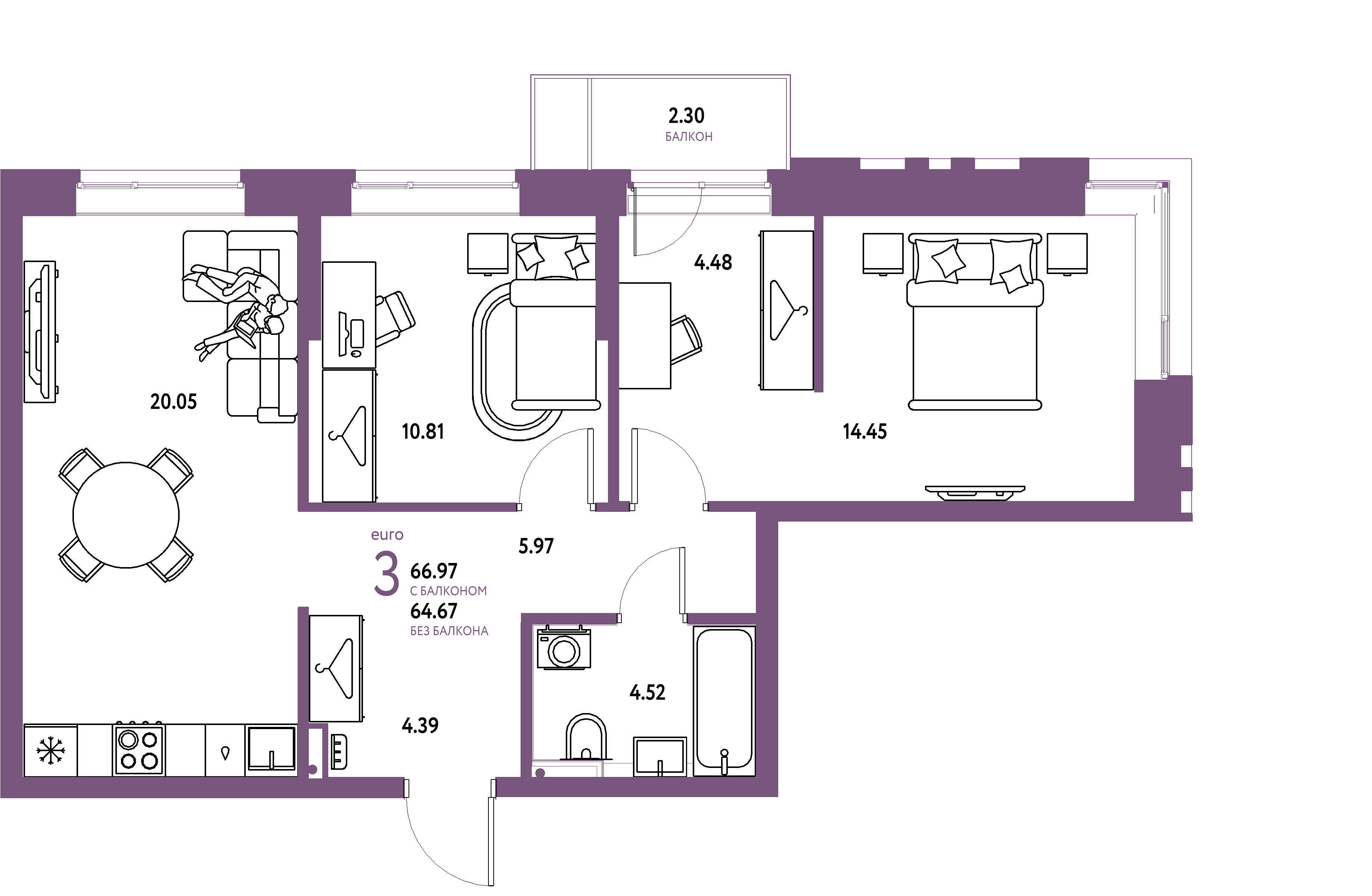 ЖК "Сибирский сад"-3-комнатная 66.97 м²