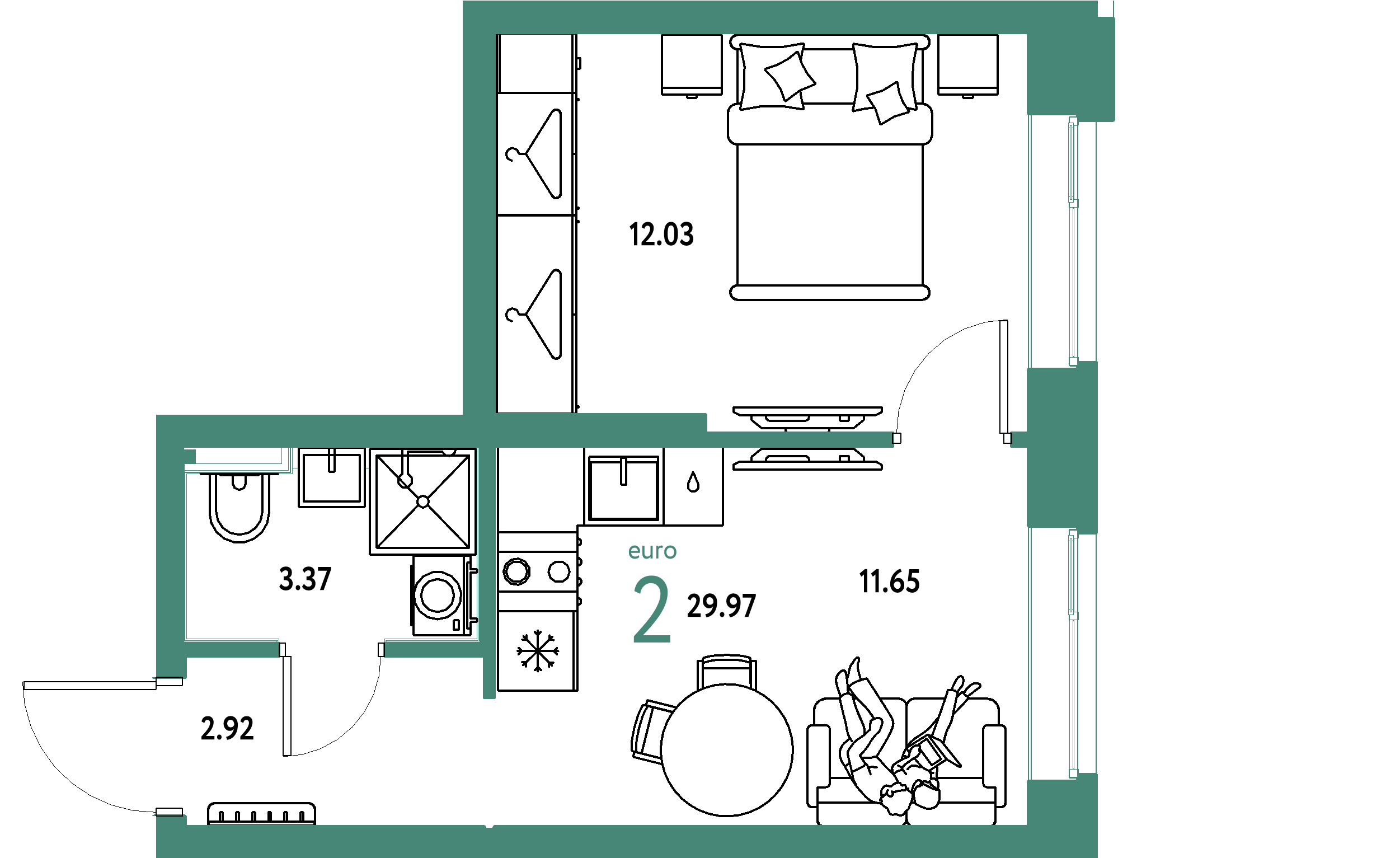 ЖК "Сибирский сад"-2-комнатная 29.97 м²