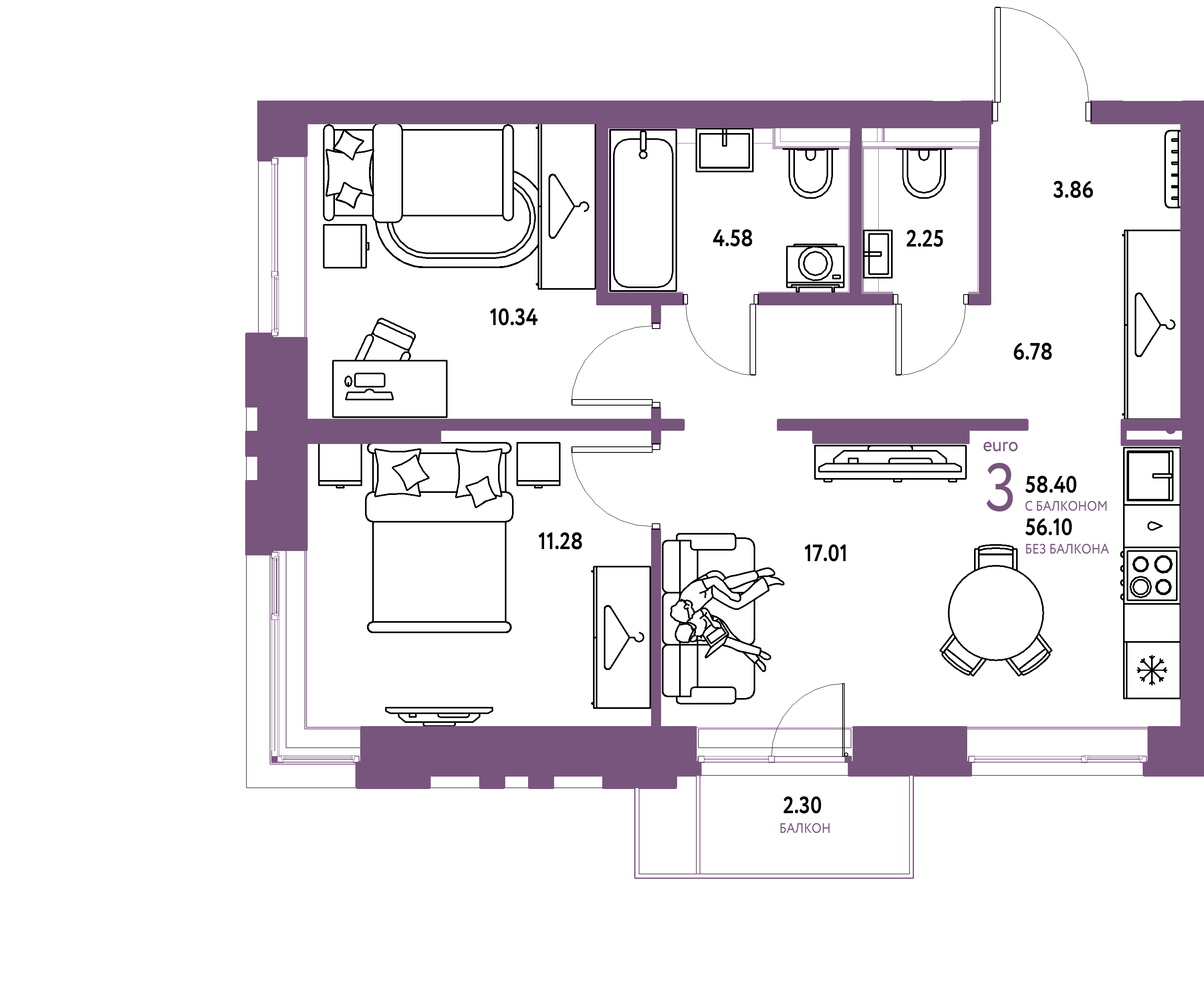 ЖК "Сибирский сад"-3-комнатная 58.4 м²