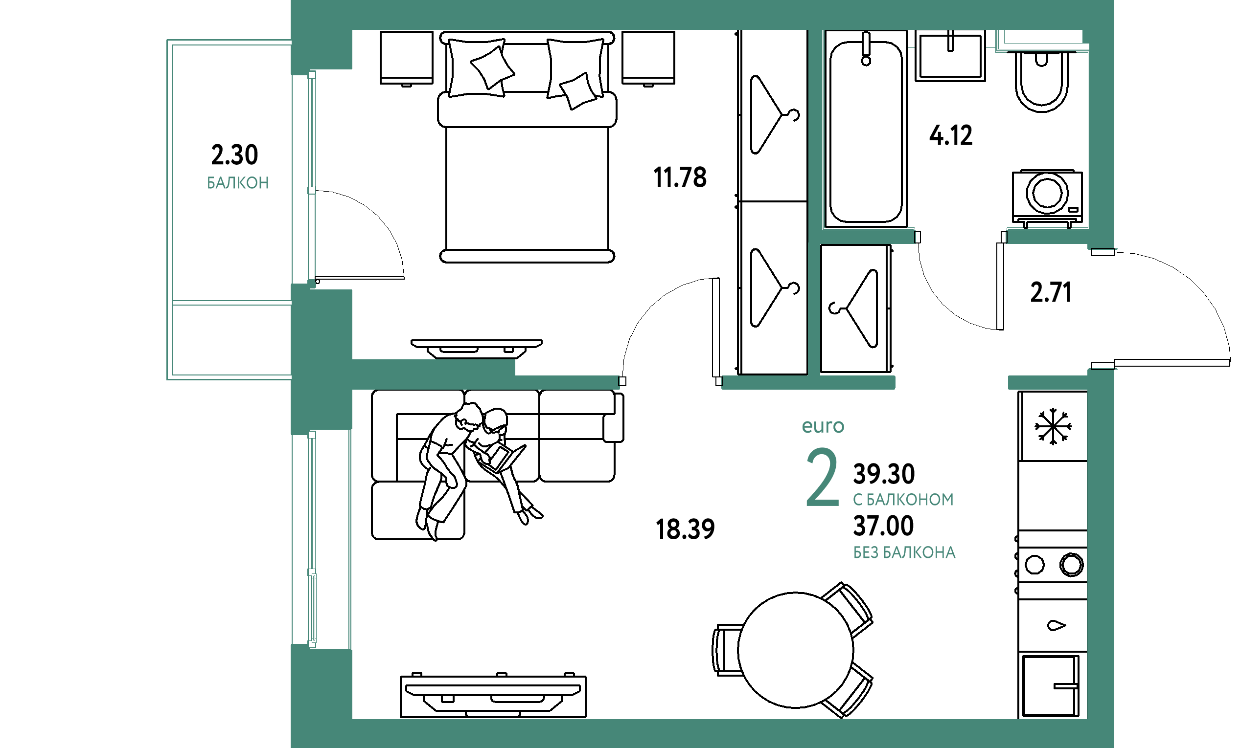 ЖК "Сибирский сад"-2-комнатная 39.3 м²