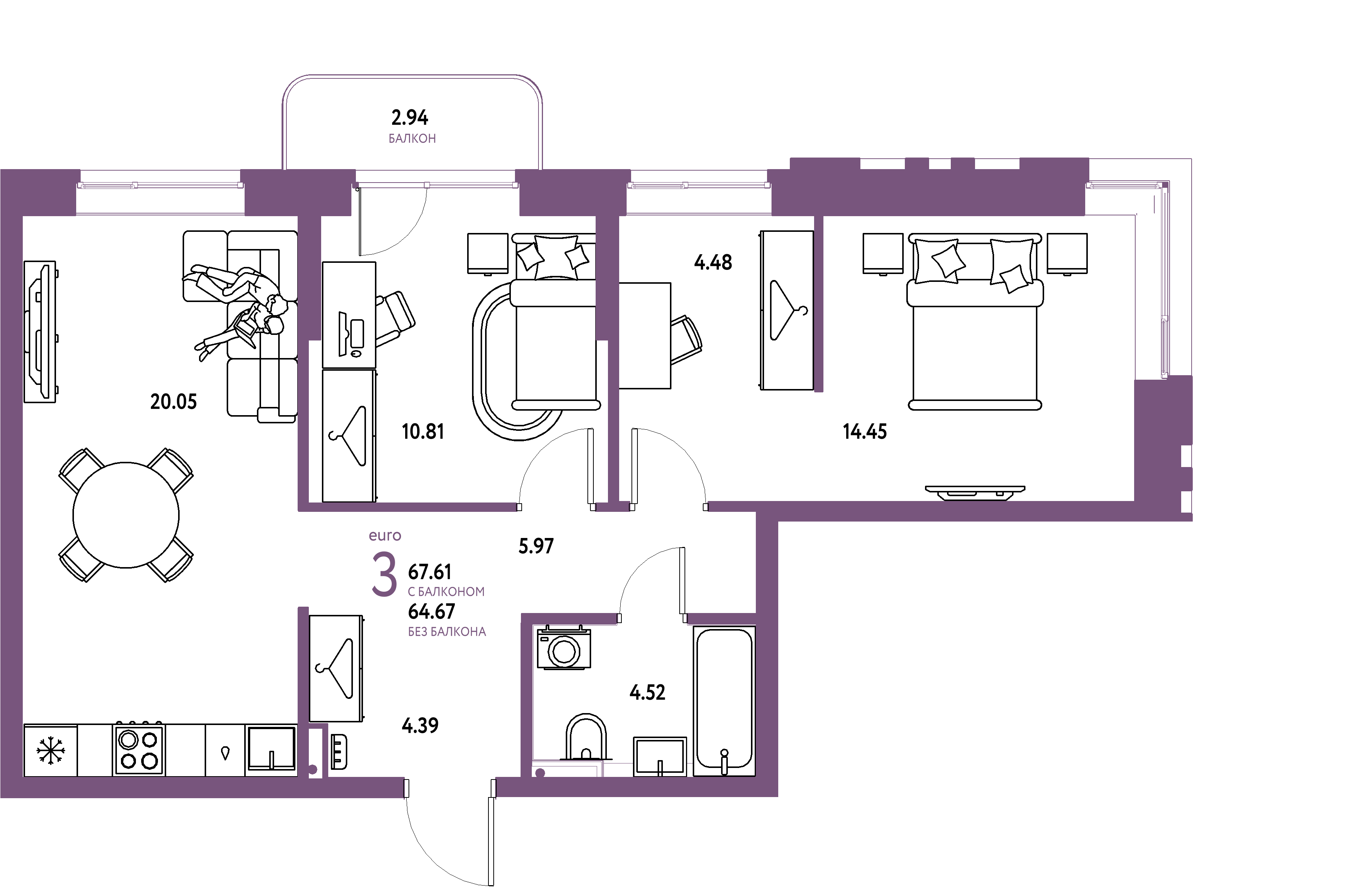 ЖК "Сибирский сад"-3-комнатная 67.61 м²