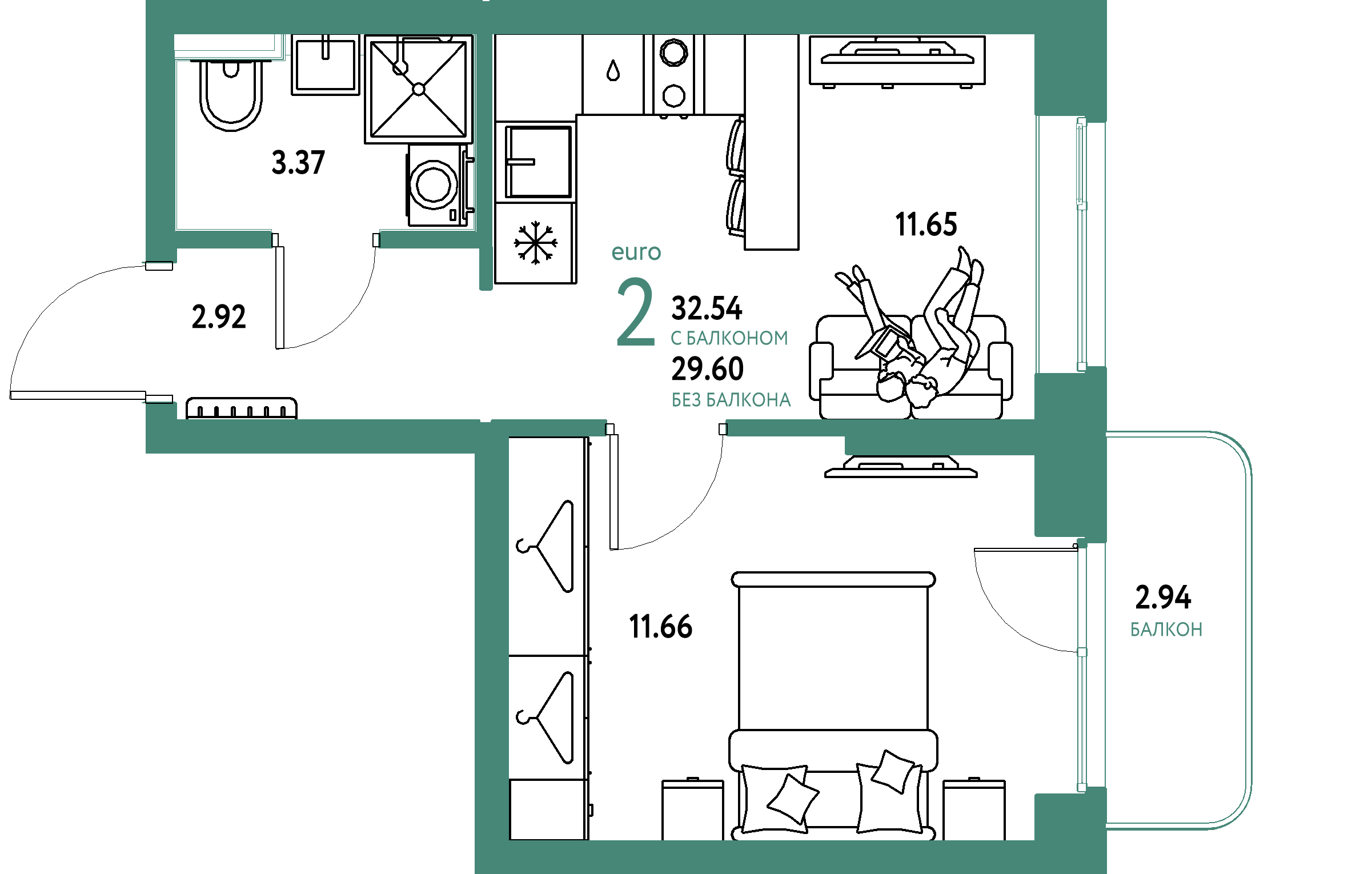 ЖК "Сибирский сад"-2-комнатная 32.54 м²