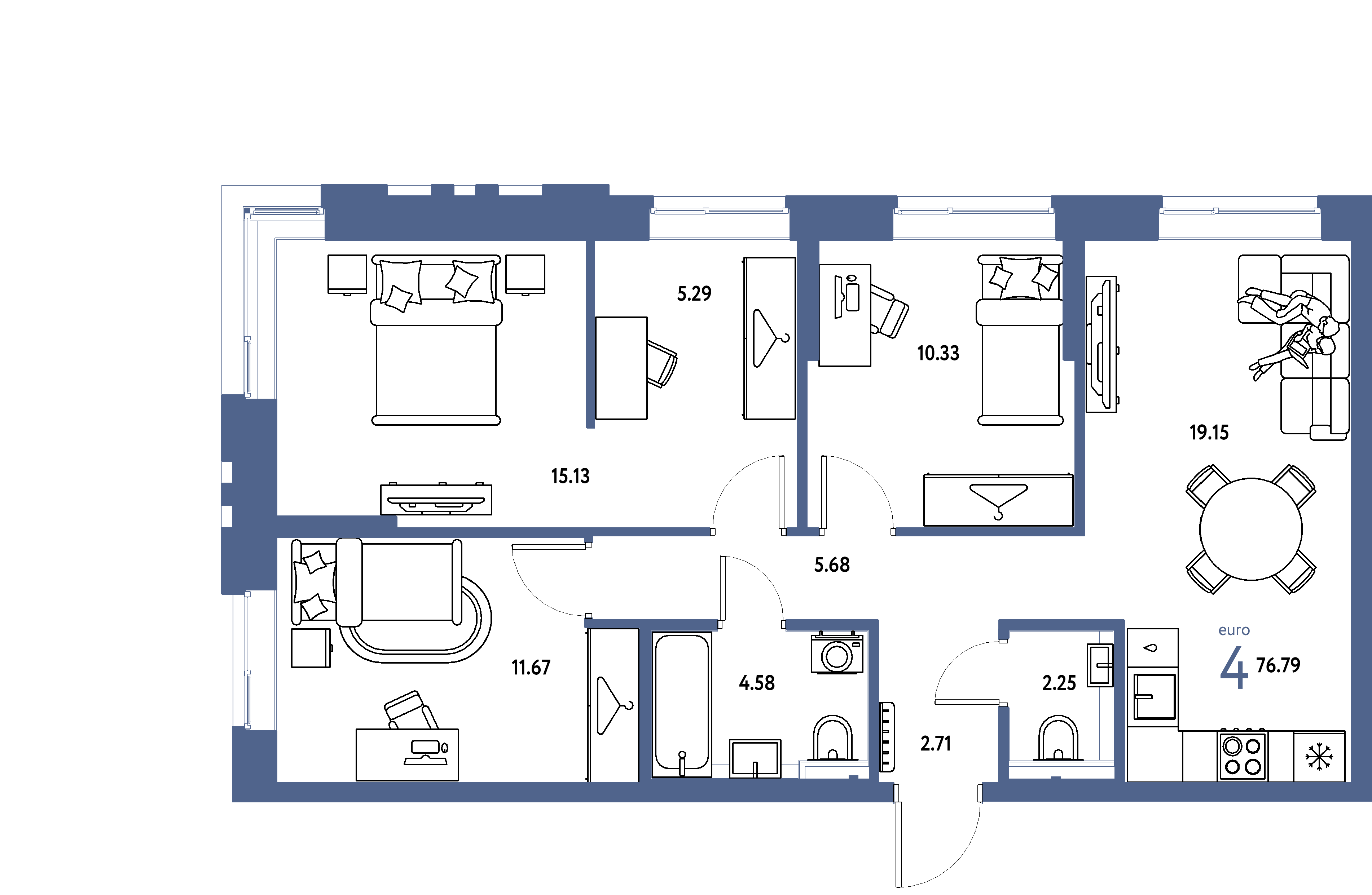 ЖК "Сибирский сад"-4-комнатная 76.79 м²