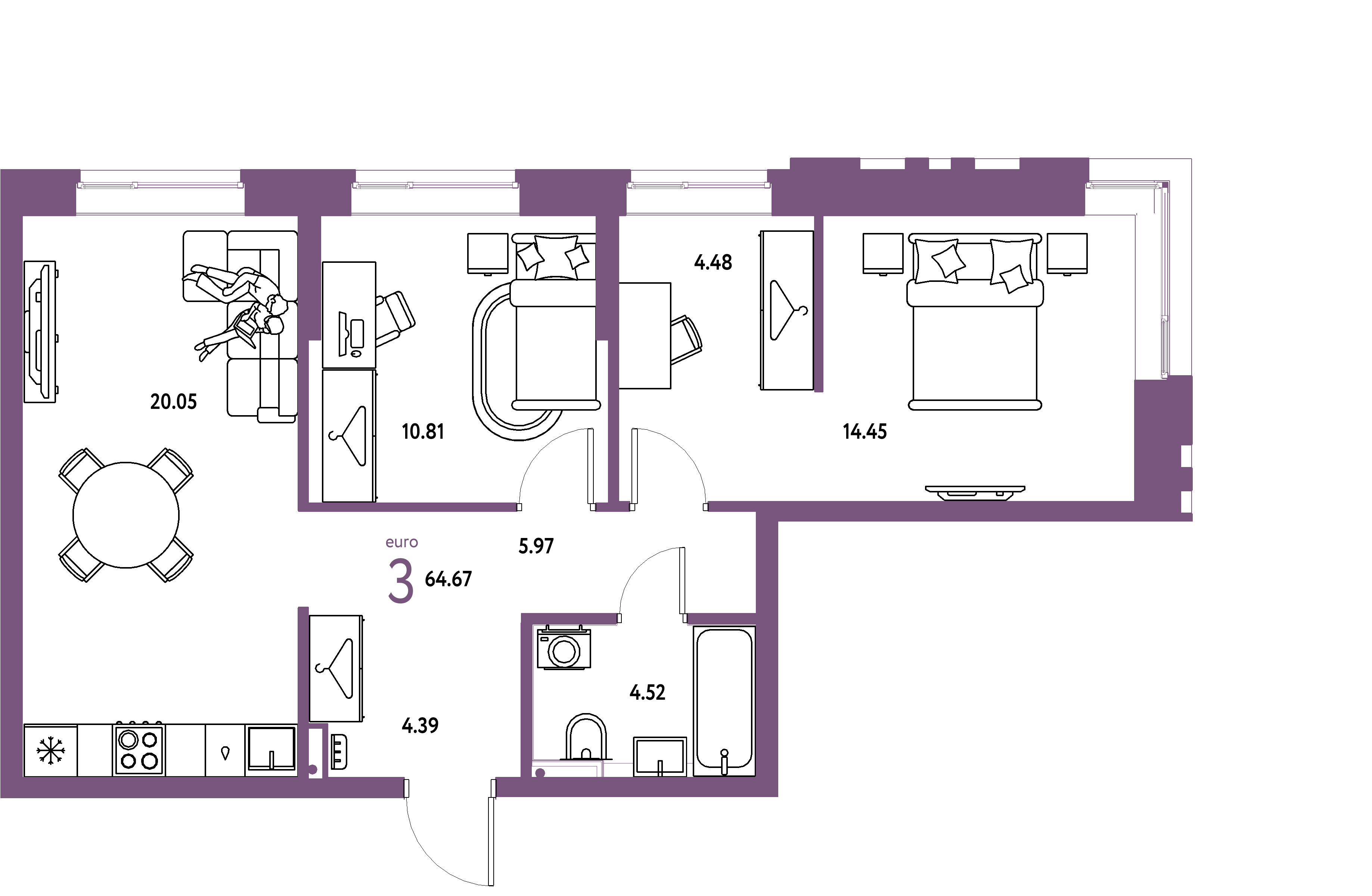 ЖК "Сибирский сад"-3-комнатная 64.67 м²